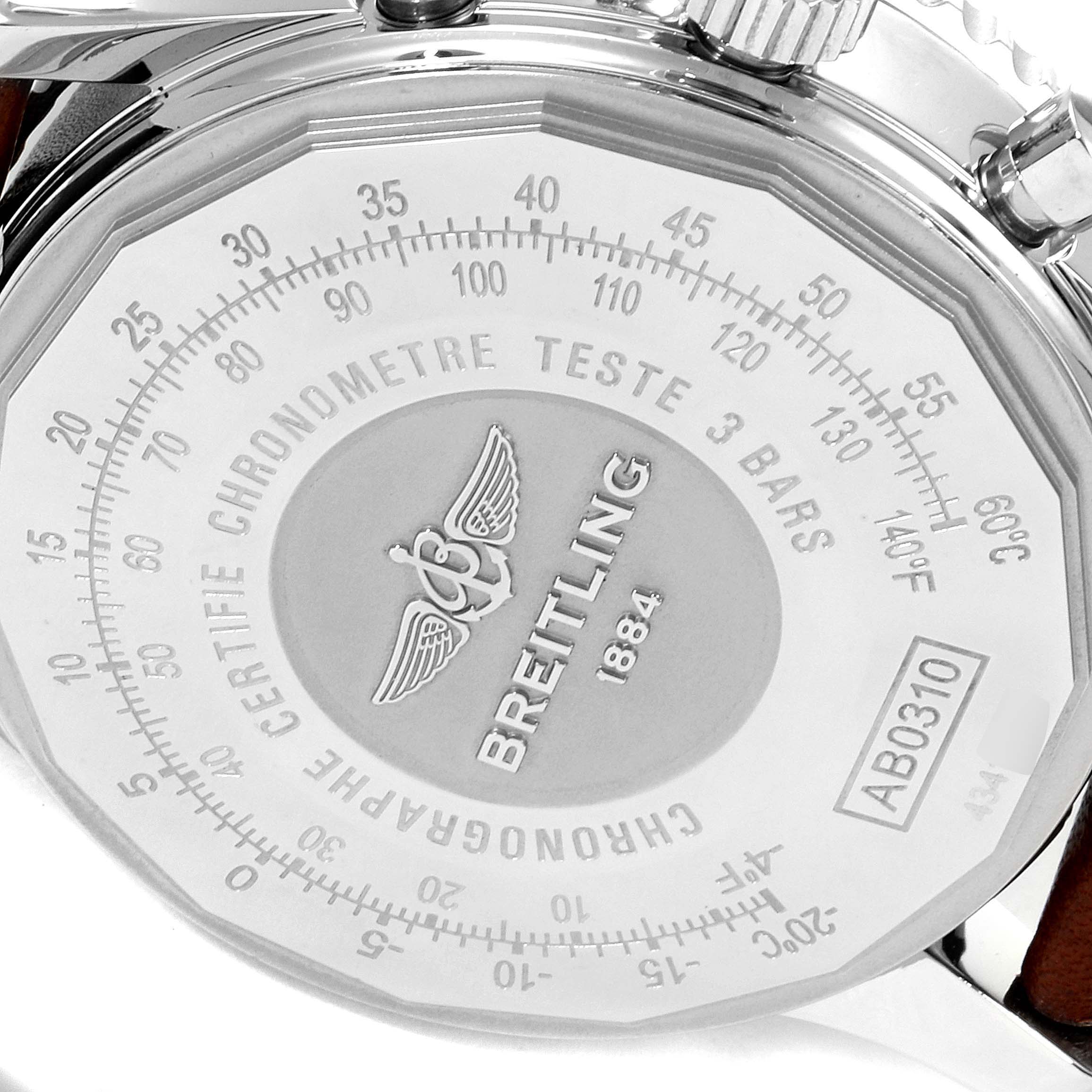 This image shows the back case of a Breitling Navitimer AB031021/BF77/441X Men's Stainless Steel Brown Dial AB031021/BF77/441X Men's Stainless Steel Brown Dial watch, highlighting its chronometer certification details.