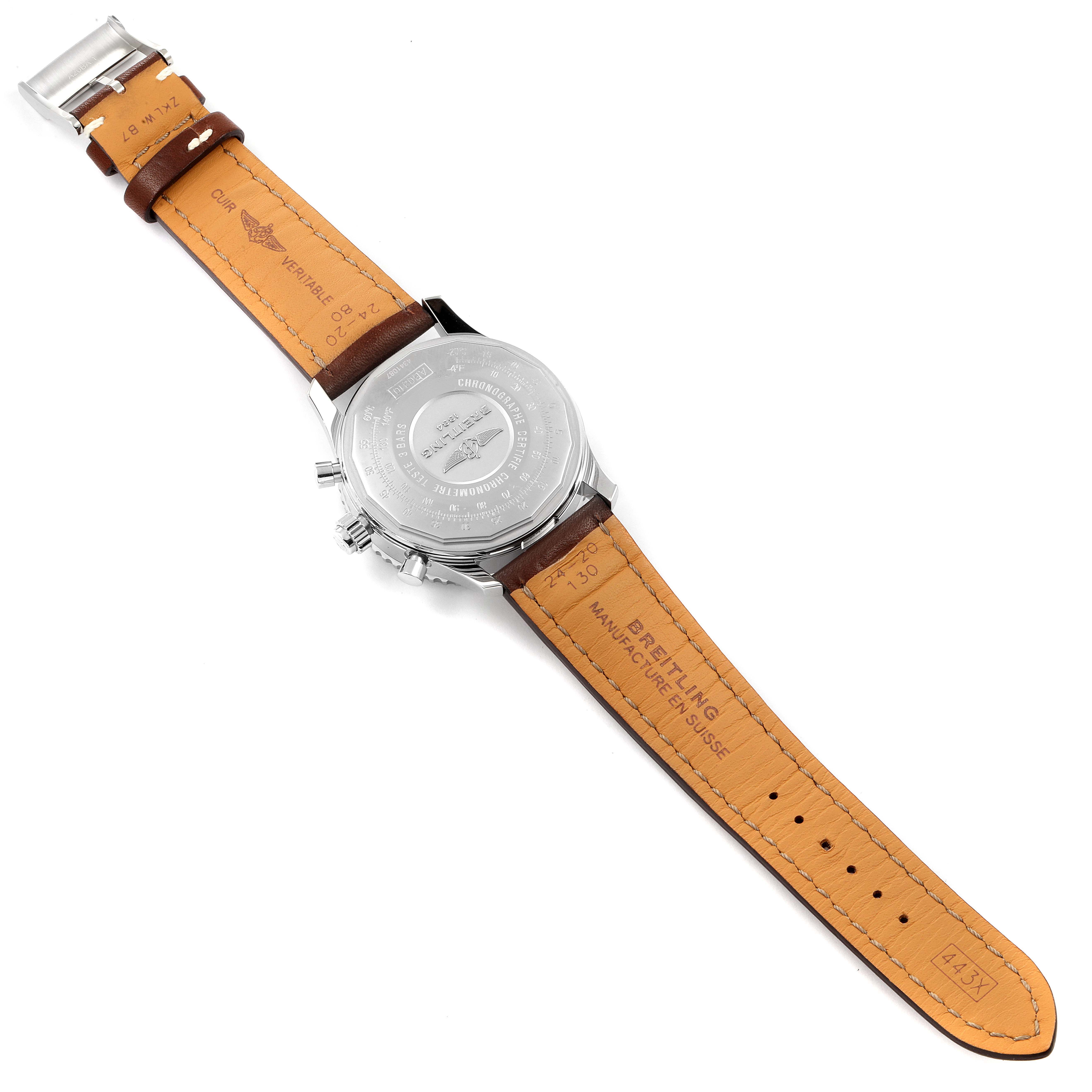 The image shows the back view and leather strap of a Breitling Navitimer AB031021/BF77/441X Men's Stainless Steel Brown Dial AB031021/BF77/441X Men's Stainless Steel Brown Dial watch.