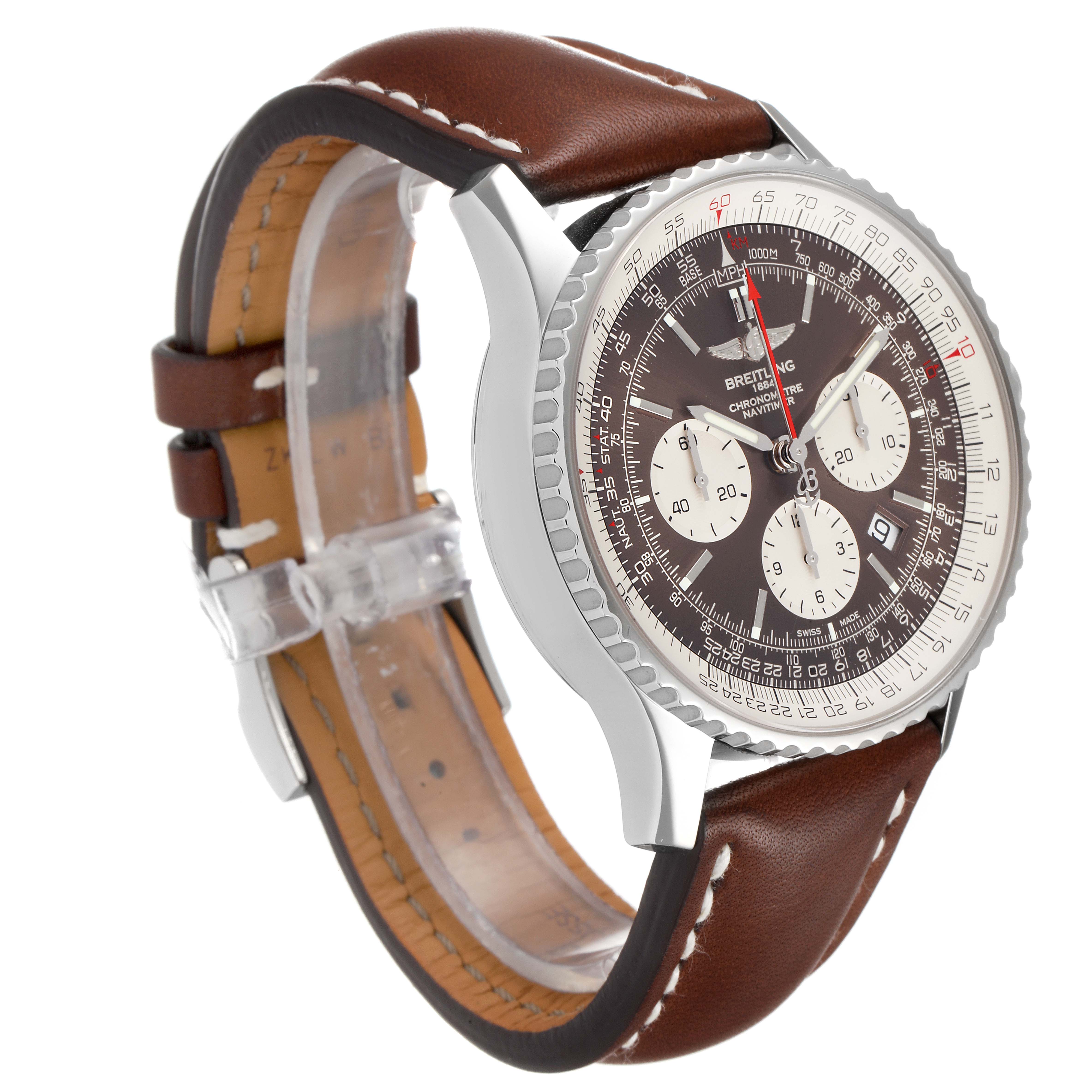 Side angle view showing the face and brown leather strap of the Breitling Navitimer AB031021/BF77/441X Men's Stainless Steel Brown Dial AB031021/BF77/441X Men's Stainless Steel Brown Dial watch.