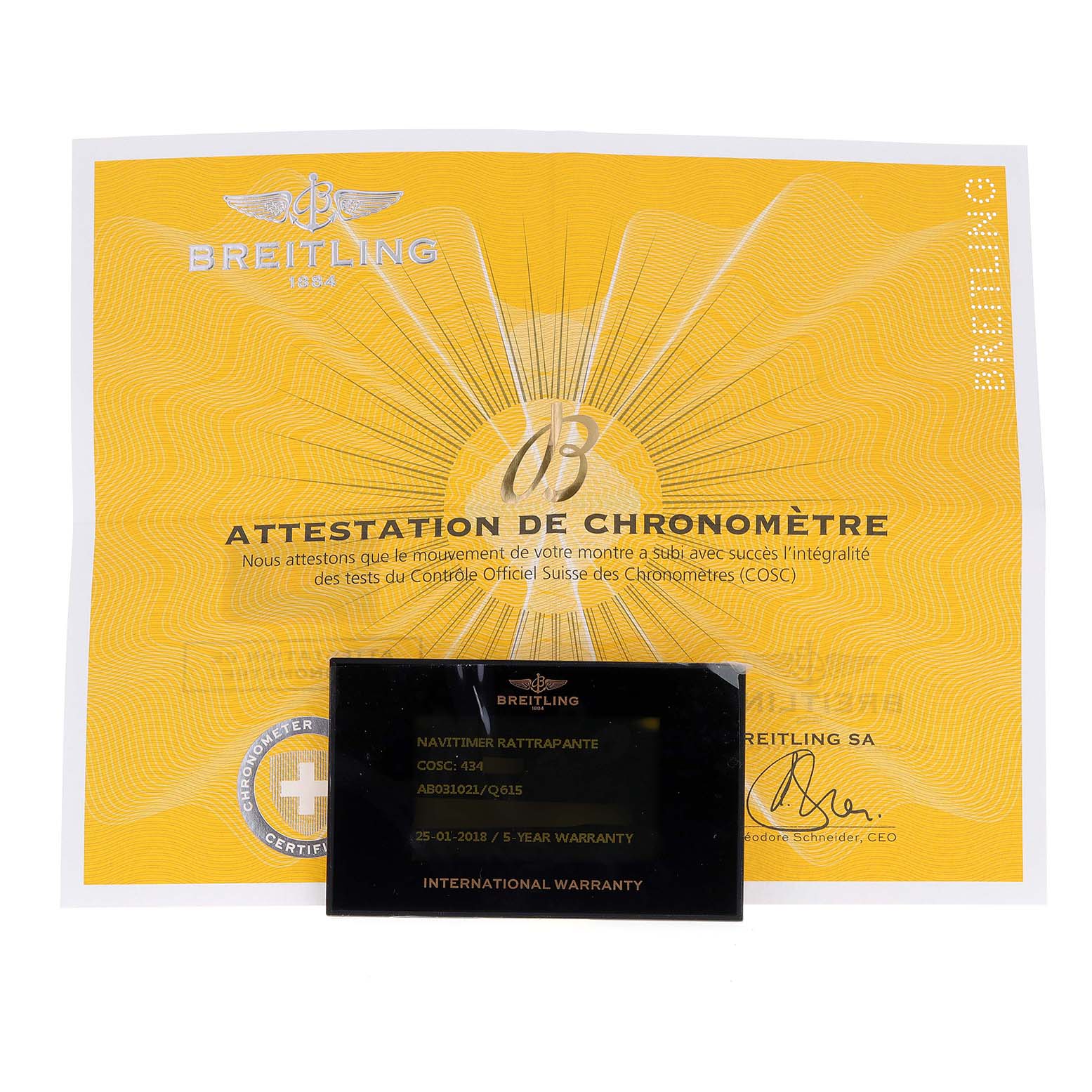 The image shows the warranty card and chronometer certificate for a Breitling Navitimer AB031021/BF77/441X Men's Stainless Steel Brown Dial AB031021/BF77/441X Men's Stainless Steel Brown Dial watch model.