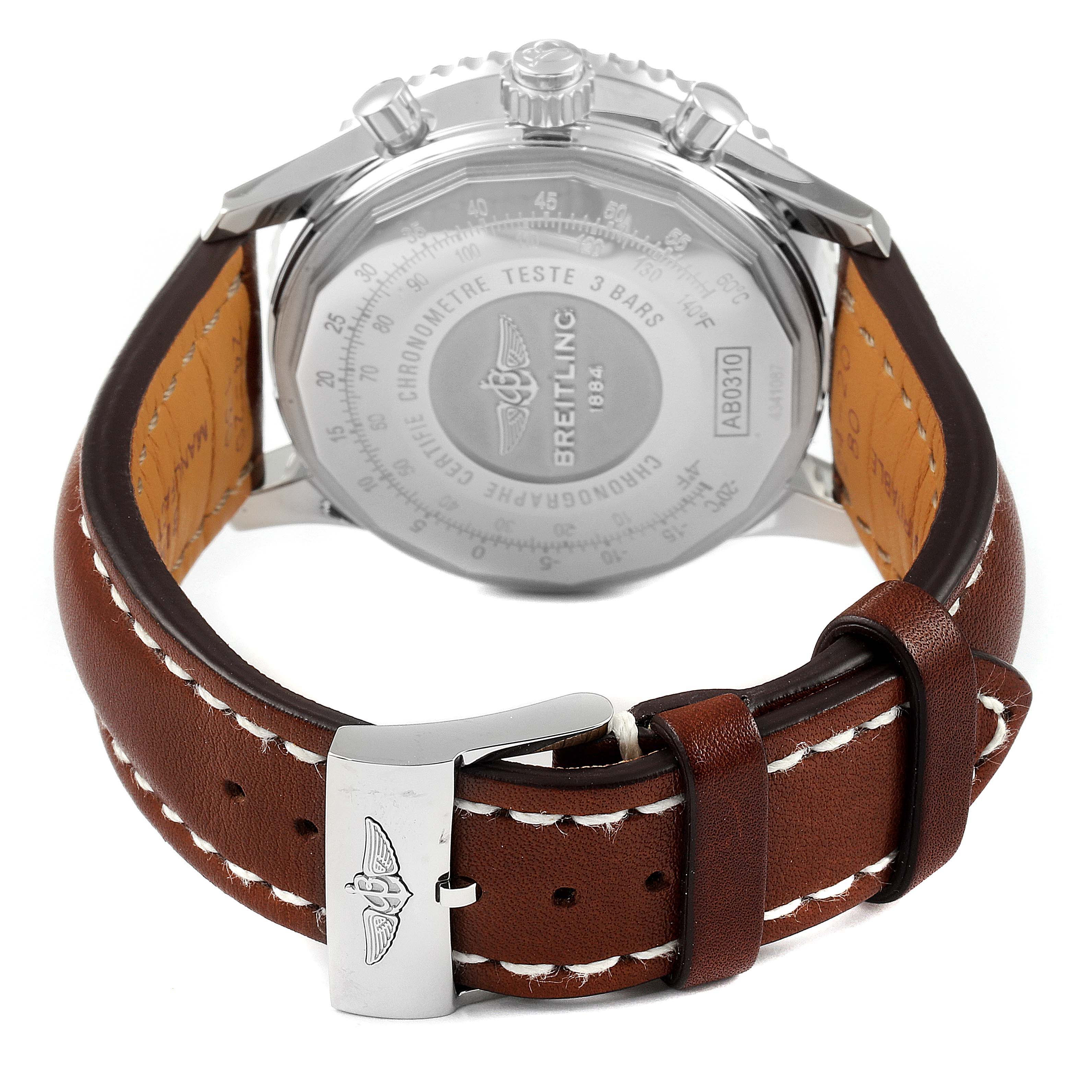 The image shows the backside and leather strap of the Breitling Navitimer AB031021/BF77/441X Men's Stainless Steel Brown Dial AB031021/BF77/441X Men's Stainless Steel Brown Dial watch.