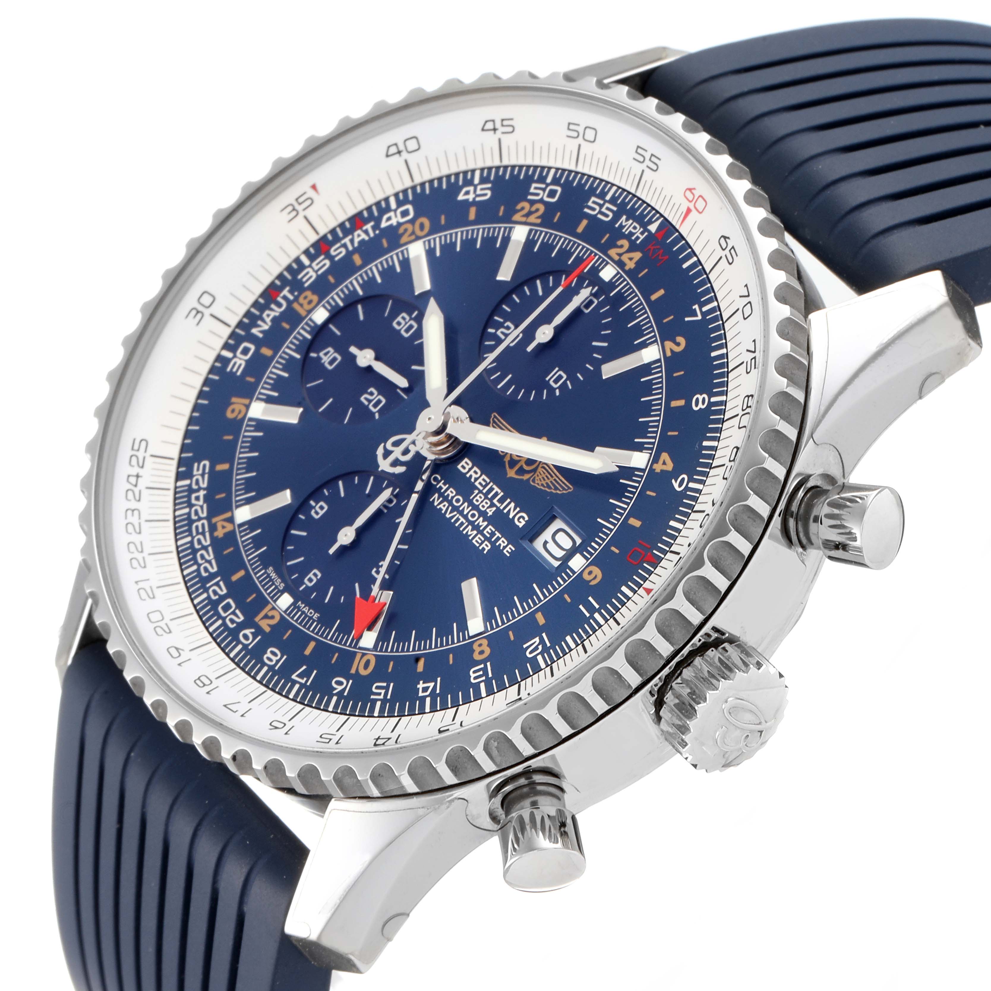 The image shows a Breitling Navitimer A24322 Men's Stainless Steel Blue Dial A24322 Men's Stainless Steel Blue Dial watch at a three-quarter angle, displaying the face, bezel, crown, pushers, and strap.