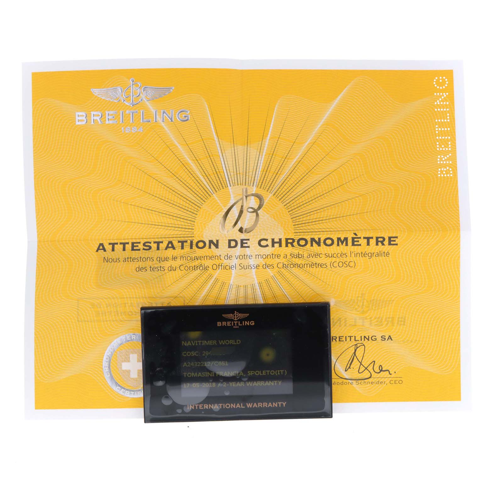 The image shows a Breitling Navitimer A24322 Men's Stainless Steel Blue Dial A24322 Men's Stainless Steel Blue Dial watch's attestation of chronometer and international warranty card.