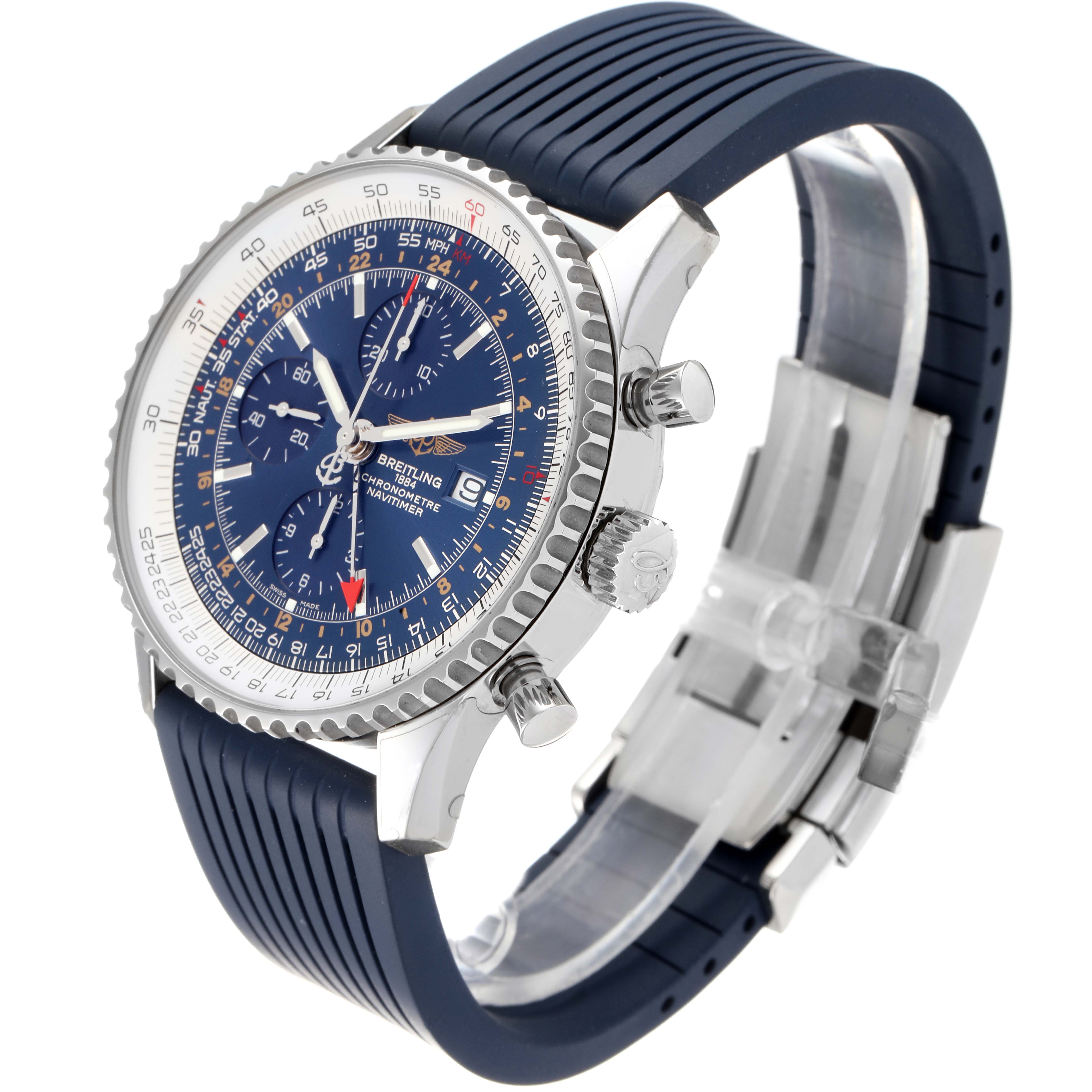 The Breitling Navitimer A24322 Men's Stainless Steel Blue Dial A24322 Men's Stainless Steel Blue Dial watch is shown at a side angle, displaying the face, bezel, crown, pushers, and part of the strap.