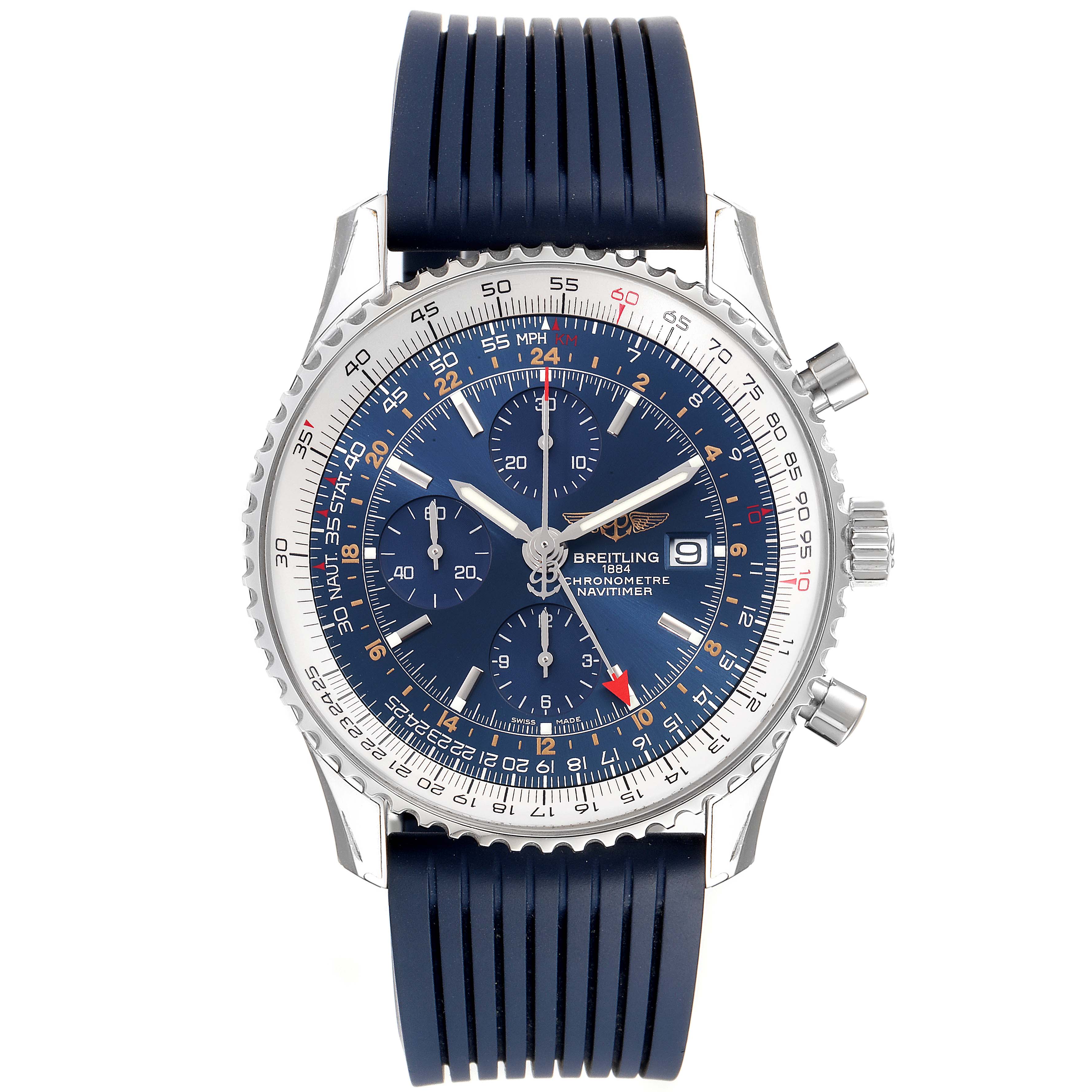 The image shows a front view of a Breitling Navitimer A24322 Men's Stainless Steel Blue Dial A24322 Men's Stainless Steel Blue Dial watch, displaying the dial, bezel, and strap.