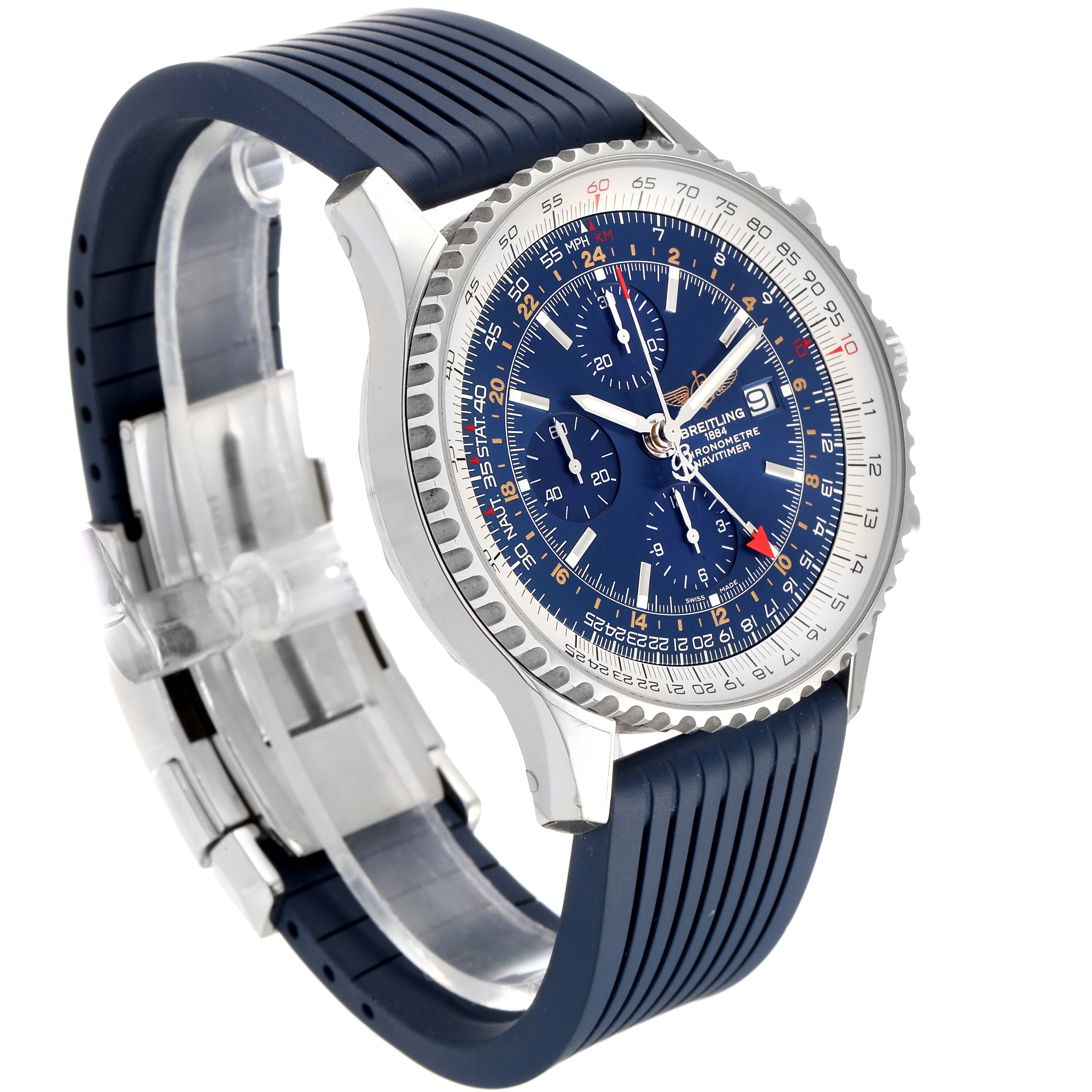 This image shows a Breitling Navitimer A24322 Men's Stainless Steel Blue Dial A24322 Men's Stainless Steel Blue Dial watch at an oblique angle, highlighting its blue dial, chronograph features, and rubber strap.