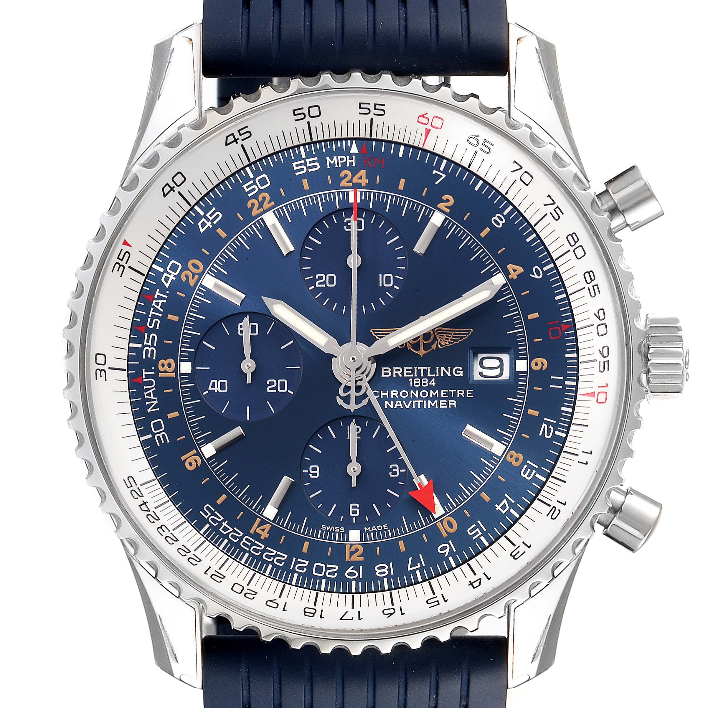 This image shows a front view of the Breitling Navitimer A24322 Men's Stainless Steel Blue Dial A24322 Men's Stainless Steel Blue Dial watch, highlighting its intricate dial and blue strap.