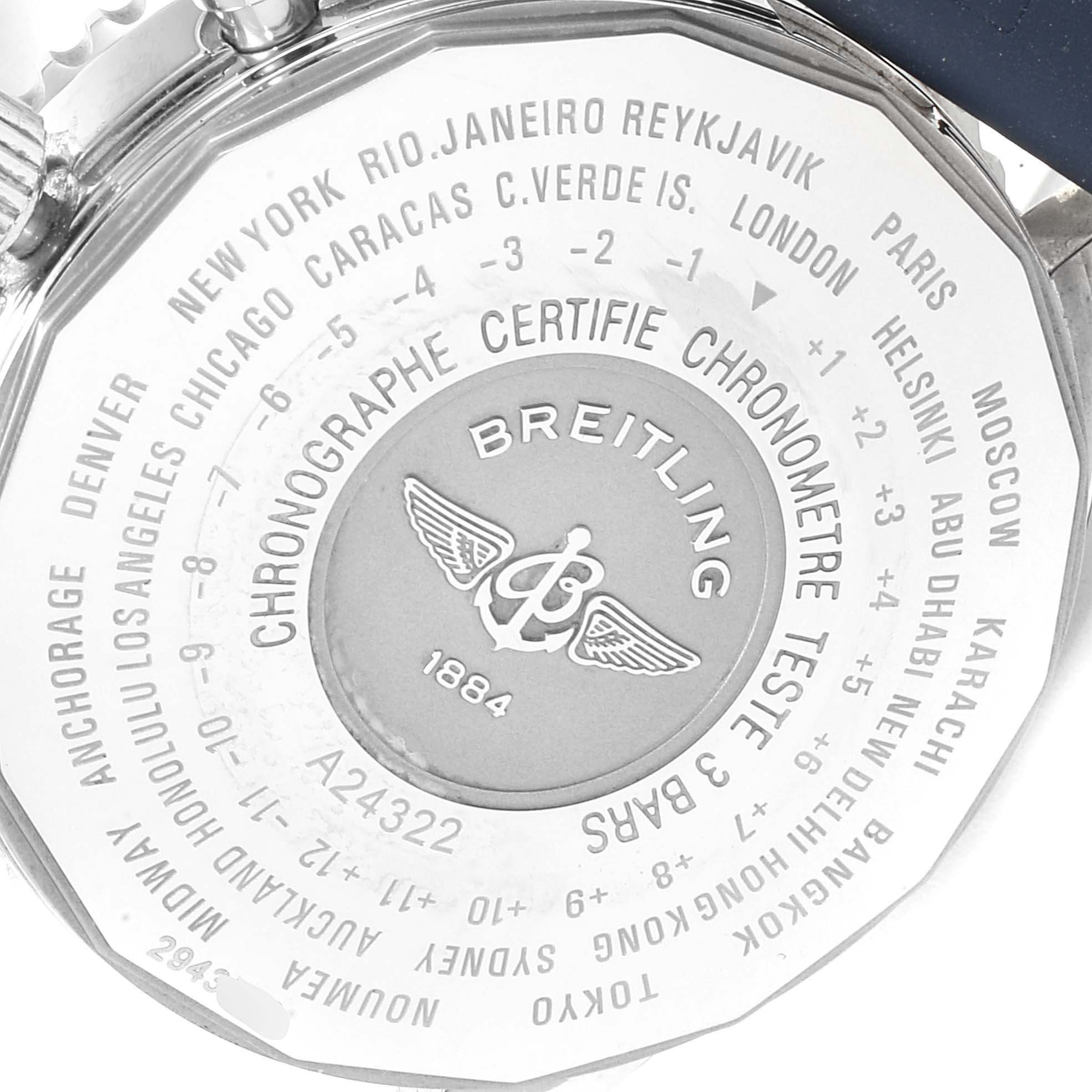 The image shows the back case of a Breitling Navitimer A24322 Men's Stainless Steel Blue Dial A24322 Men's Stainless Steel Blue Dial watch, featuring city names and the brand's logo and certification.