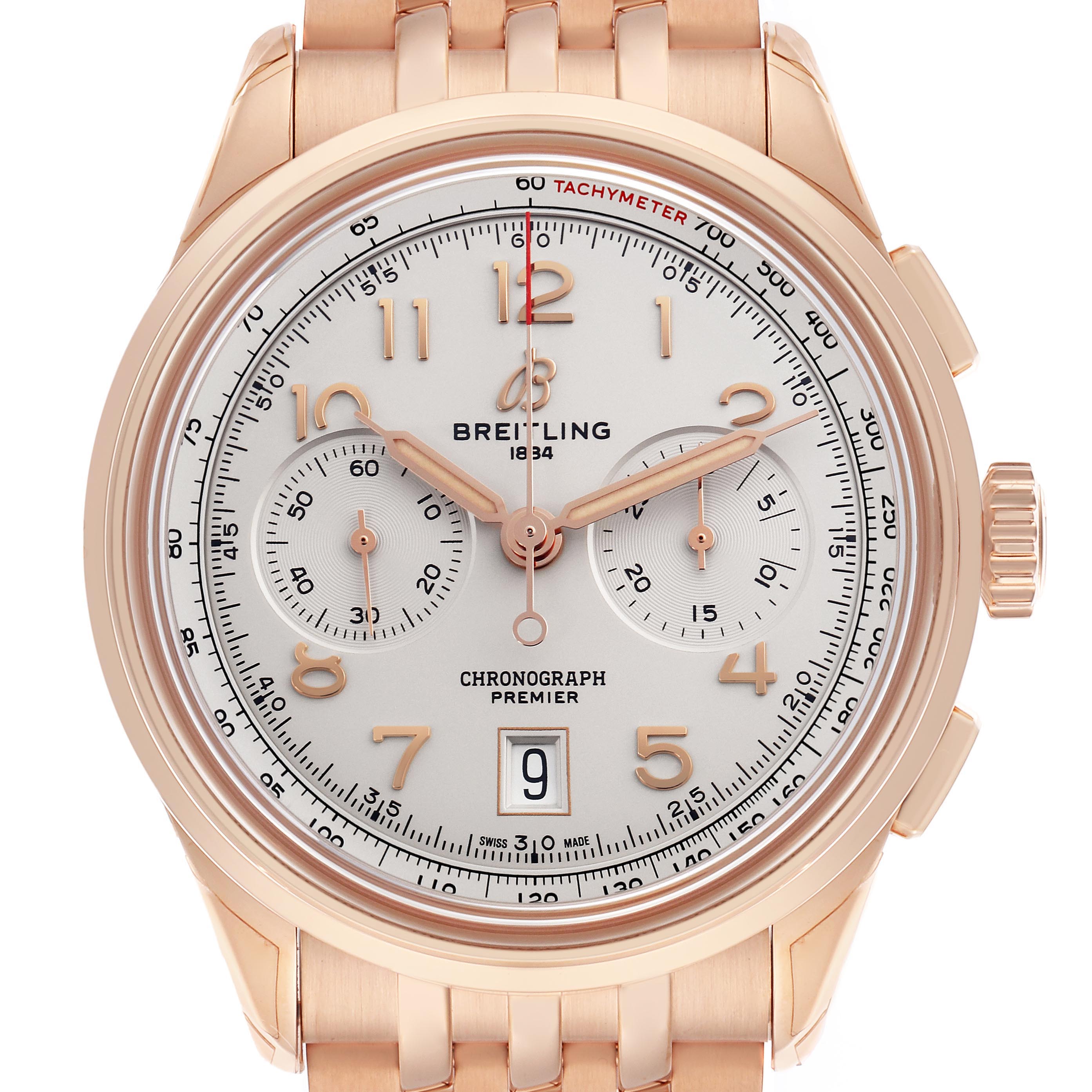 The Breitling Premier RB0145371G1R1 Men
s Rose Gold White Dial RB0145371G1R1 Men
s Rose Gold White Dial model watch is shown from the front, displaying the dial, chronograph subdials, and bezel with a gold bracelet.