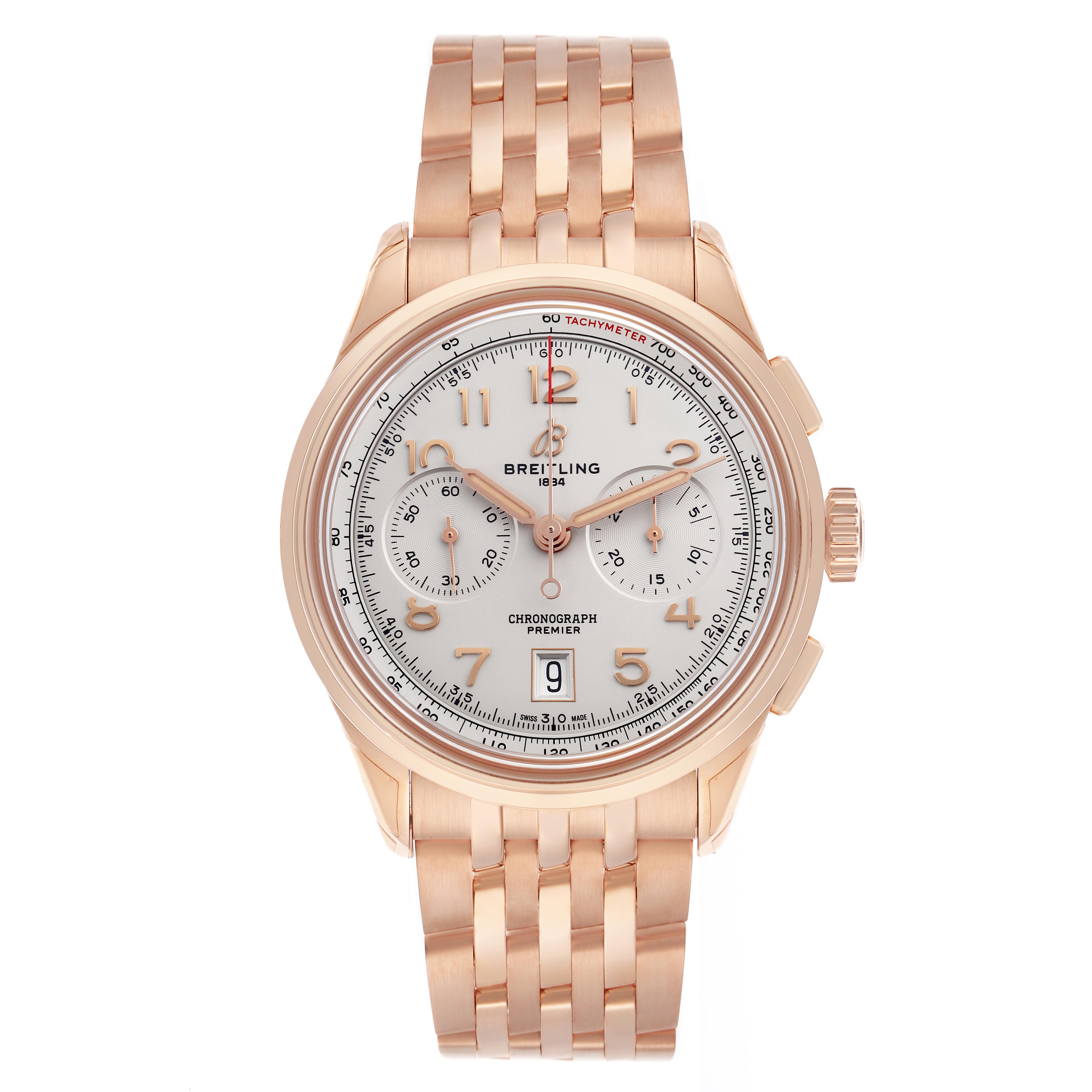 The Breitling Premier RB0145371G1R1 Men
s Rose Gold White Dial RB0145371G1R1 Men
s Rose Gold White Dial watch is shown from the front, displaying its dial, subdials, and bracelet.