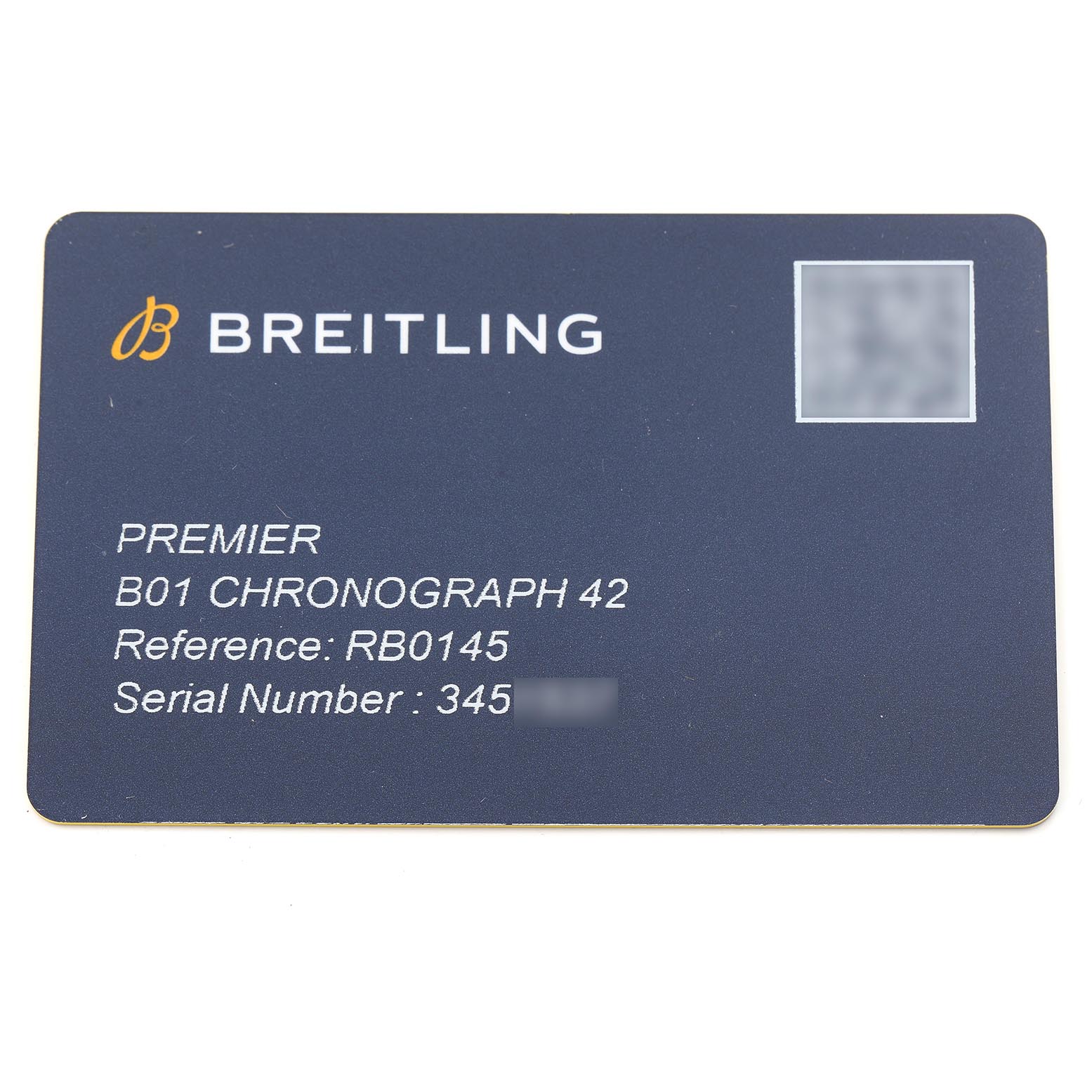 The image shows a Breitling Premier RB0145371G1R1 Men
s Rose Gold White Dial RB0145371G1R1 Men
s Rose Gold White Dial B01 Chronograph 42 warranty card with reference and serial numbers.
