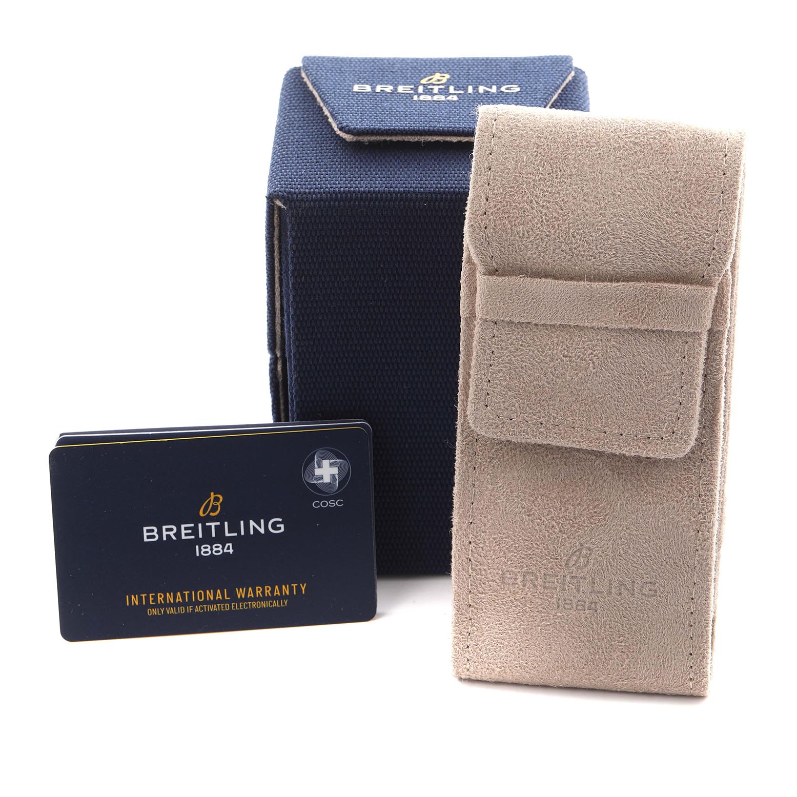The image shows the packaging, warranty card, and a pouch for the Breitling Premier RB0145371G1R1 Men
s Rose Gold White Dial RB0145371G1R1 Men
s Rose Gold White Dial watch, viewed from the front.
