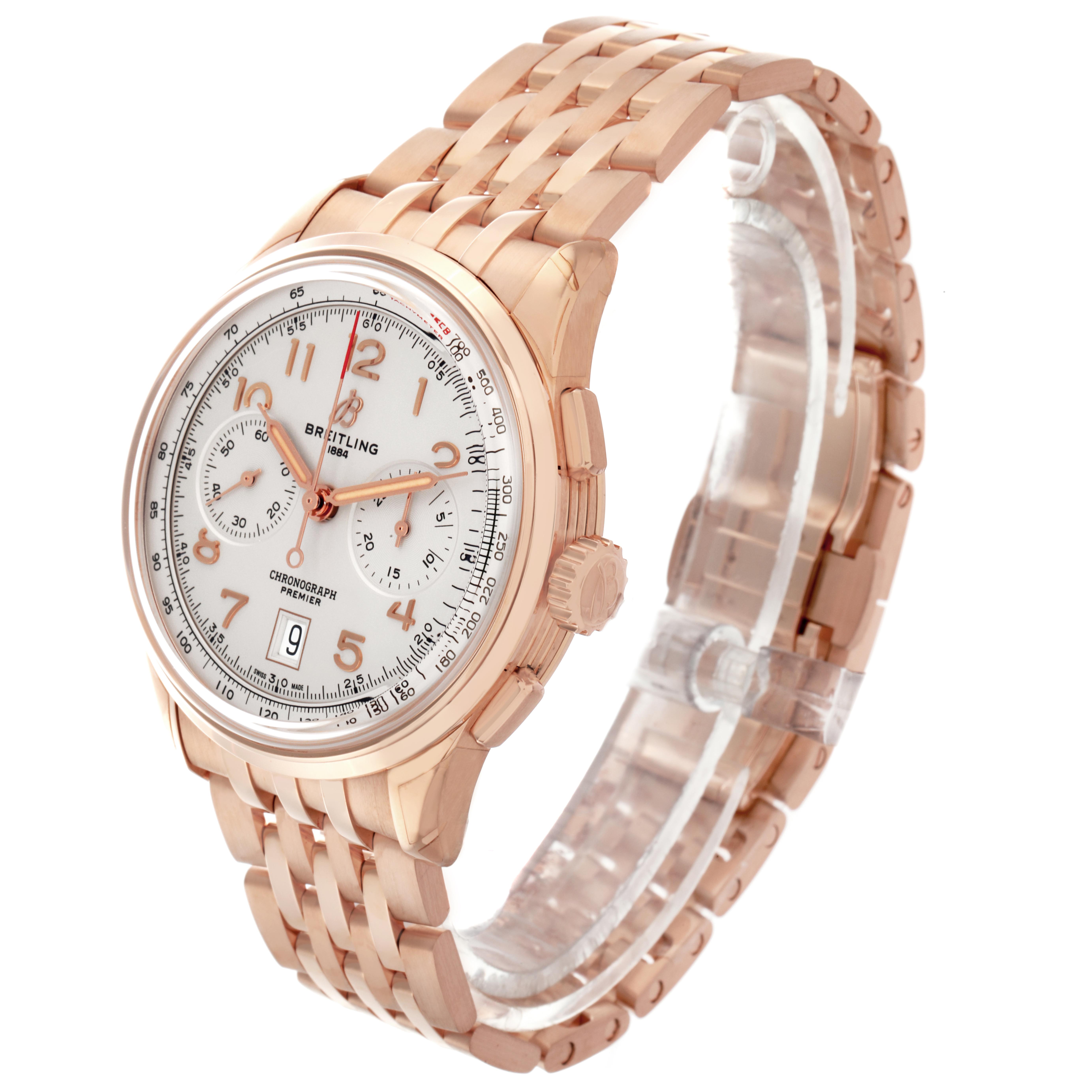 The Breitling Premier RB0145371G1R1 Men
s Rose Gold White Dial RB0145371G1R1 Men
s Rose Gold White Dial watch is shown at a slight angle highlighting the face, chronograph dials, and rose gold bracelet.
