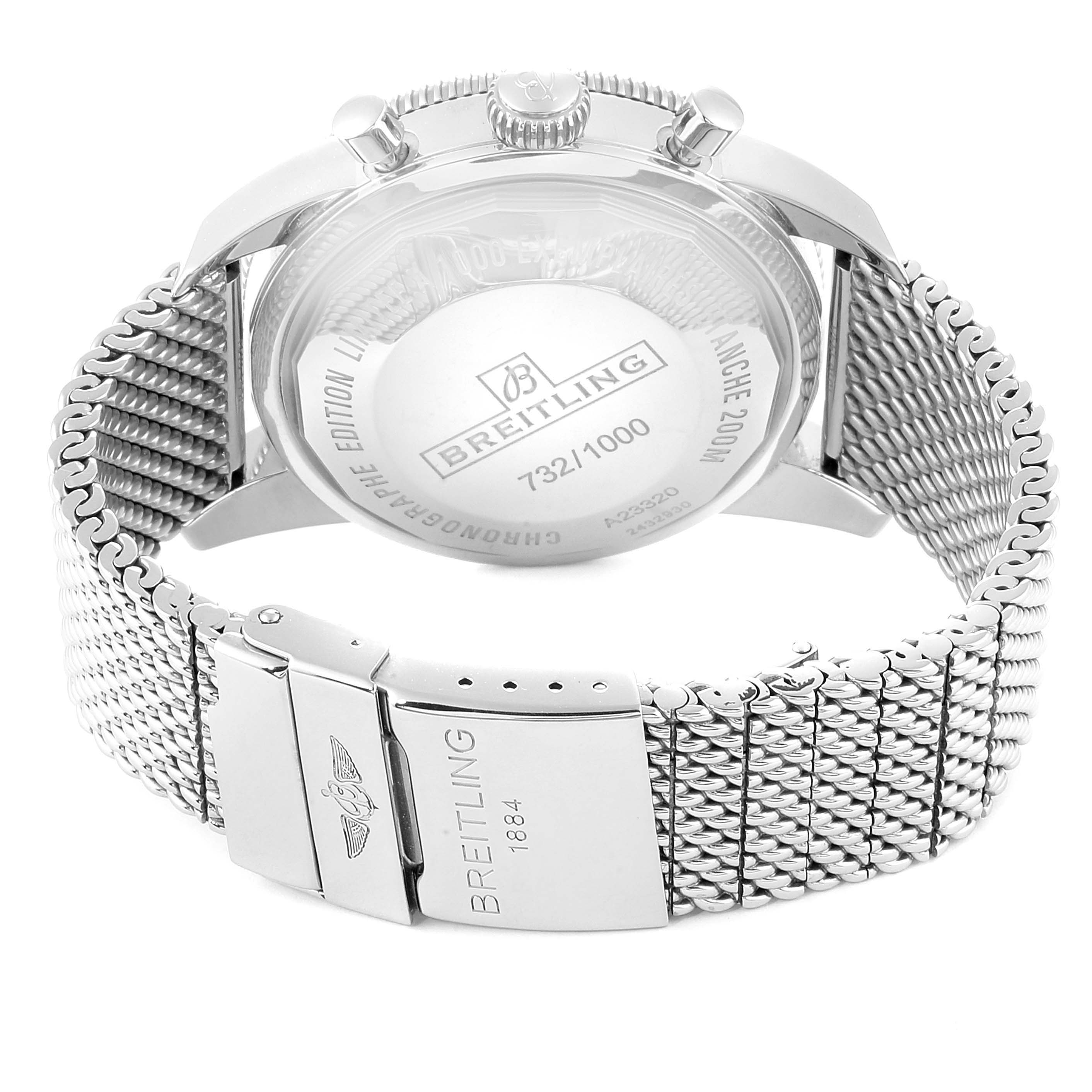 The image shows the back of a Breitling Superocean A23320 Men's Stainless Steel Black Dial A23320 Men's Stainless Steel Black Dial watch, highlighting the case back and stainless steel mesh bracelet.