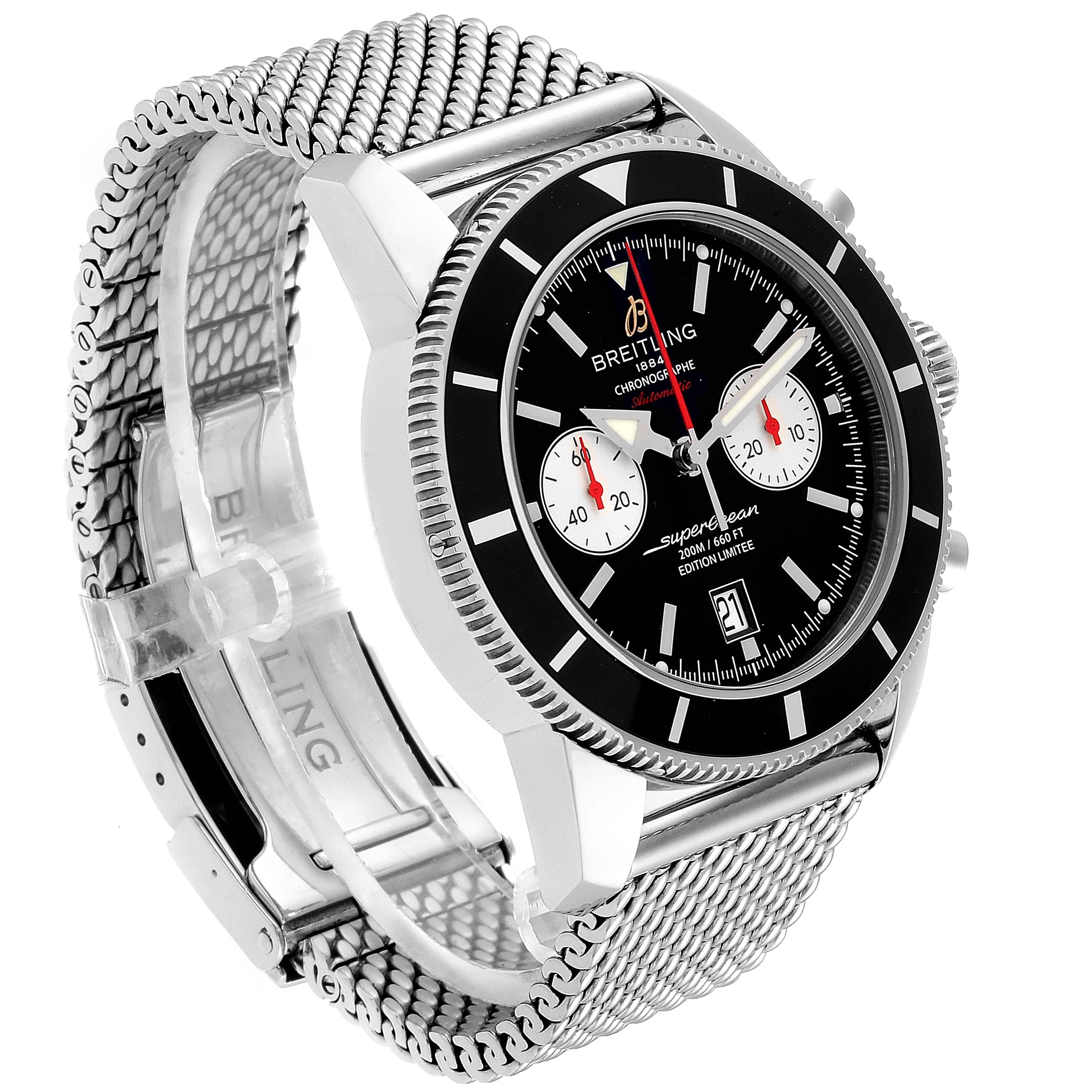 This image shows a Breitling Superocean A23320 Men's Stainless Steel Black Dial A23320 Men's Stainless Steel Black Dial watch at a slight angle, highlighting its face, bezel, and mesh bracelet.