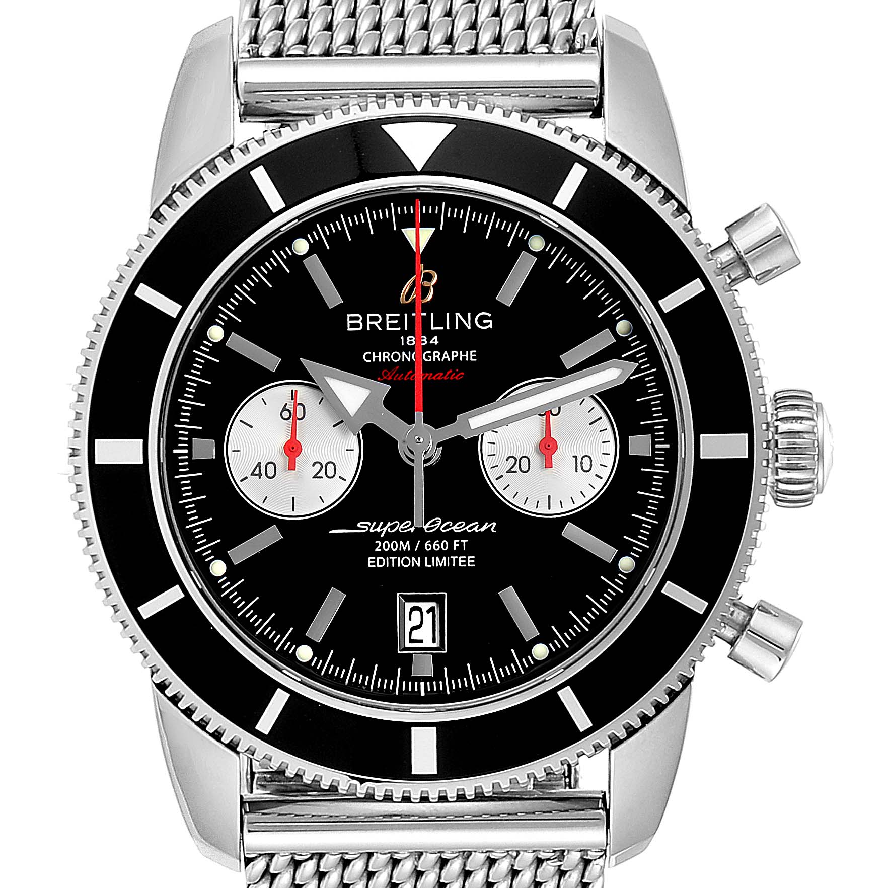 This image shows a frontal view of the Breitling Superocean A23320 Men's Stainless Steel Black Dial A23320 Men's Stainless Steel Black Dial chronograph watch, including the dial, bezel, pushers, and mesh bracelet.