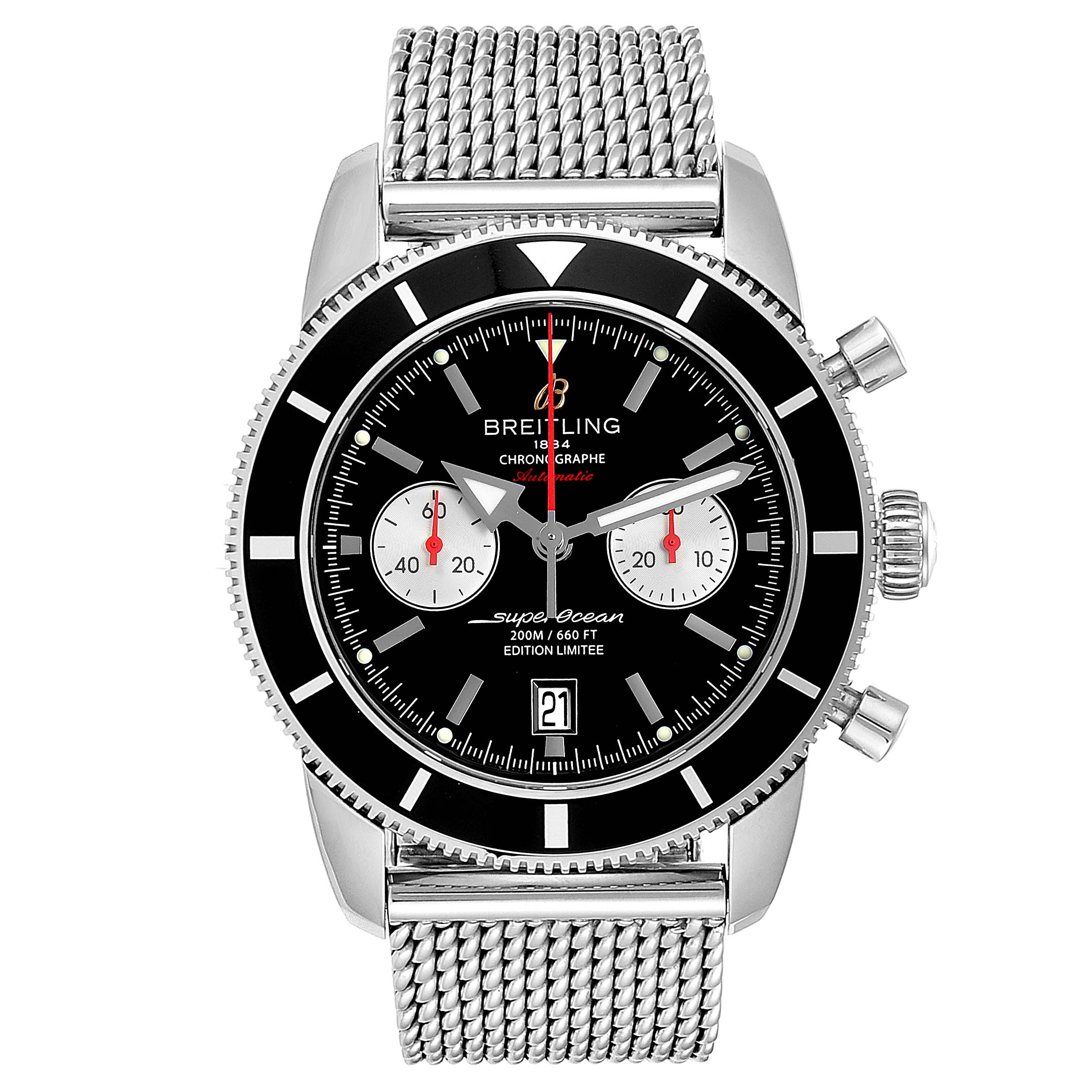 The image shows the front view of the Breitling Superocean A23320 Men's Stainless Steel Black Dial A23320 Men's Stainless Steel Black Dial watch, showcasing its dial, bezel, and mesh bracelet.