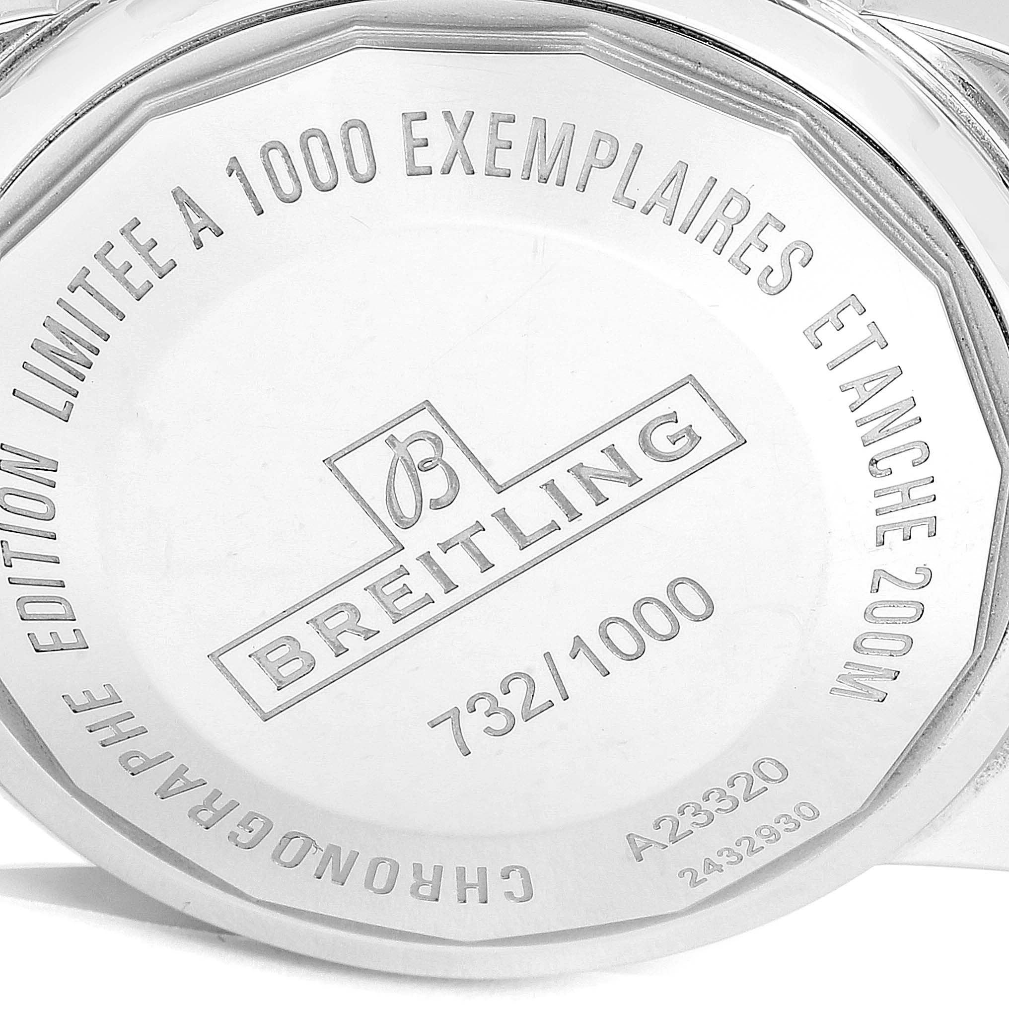 This image shows the back case of the Breitling Superocean A23320 Men's Stainless Steel Black Dial A23320 Men's Stainless Steel Black Dial watch, displaying model details and limited edition numbering.