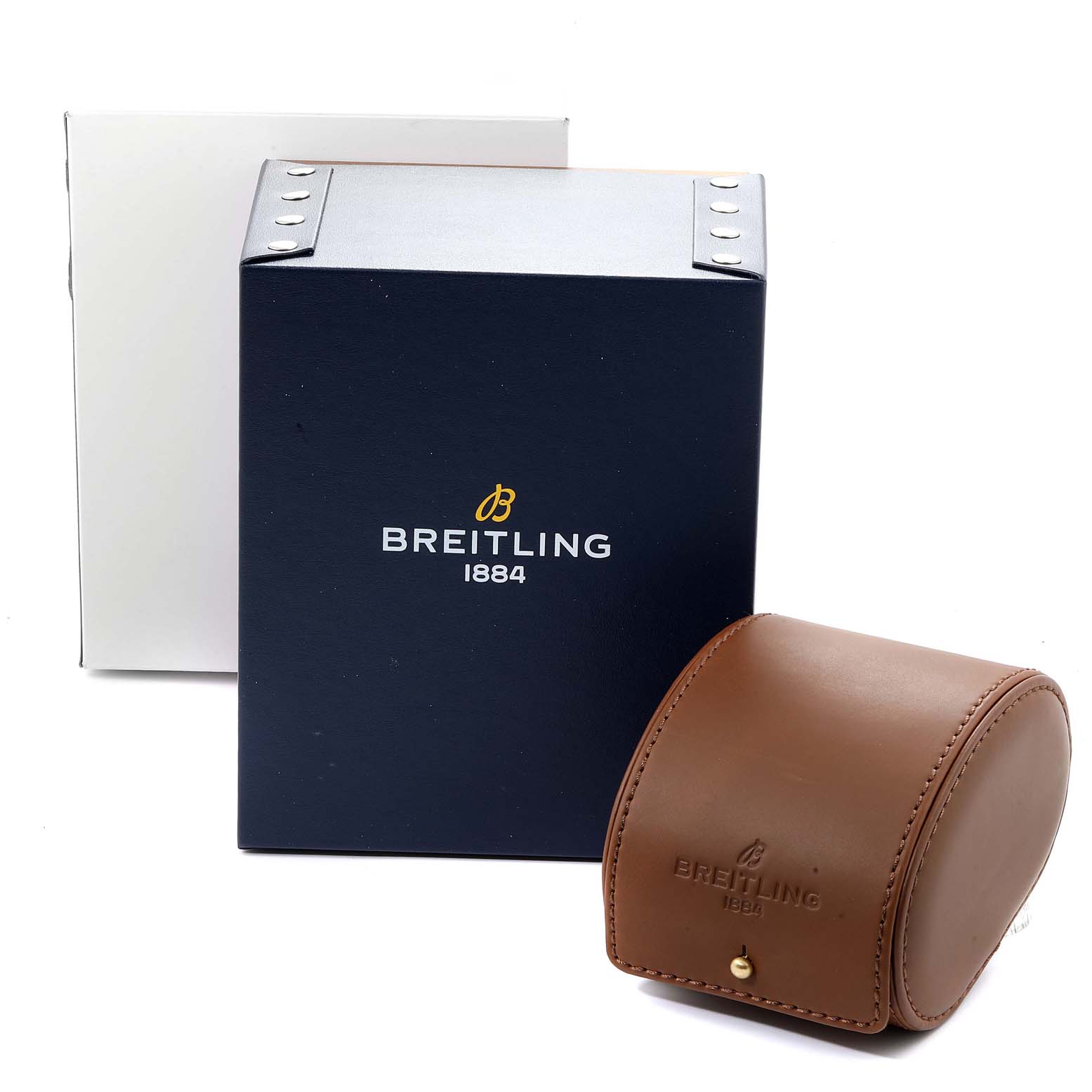 The image shows the packaging for the Breitling Superocean A23320 Men's Stainless Steel Black Dial A23320 Men's Stainless Steel Black Dial watch, including a navy box and a brown leather travel case.