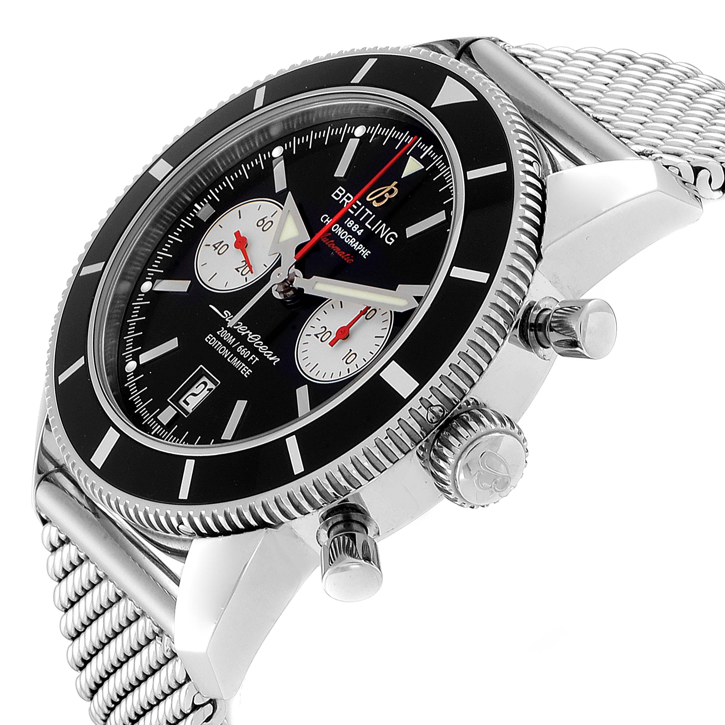The image shows a side angle of the Breitling Superocean A23320 Men's Stainless Steel Black Dial A23320 Men's Stainless Steel Black Dial watch, highlighting its bezel, dial, and metal mesh bracelet.