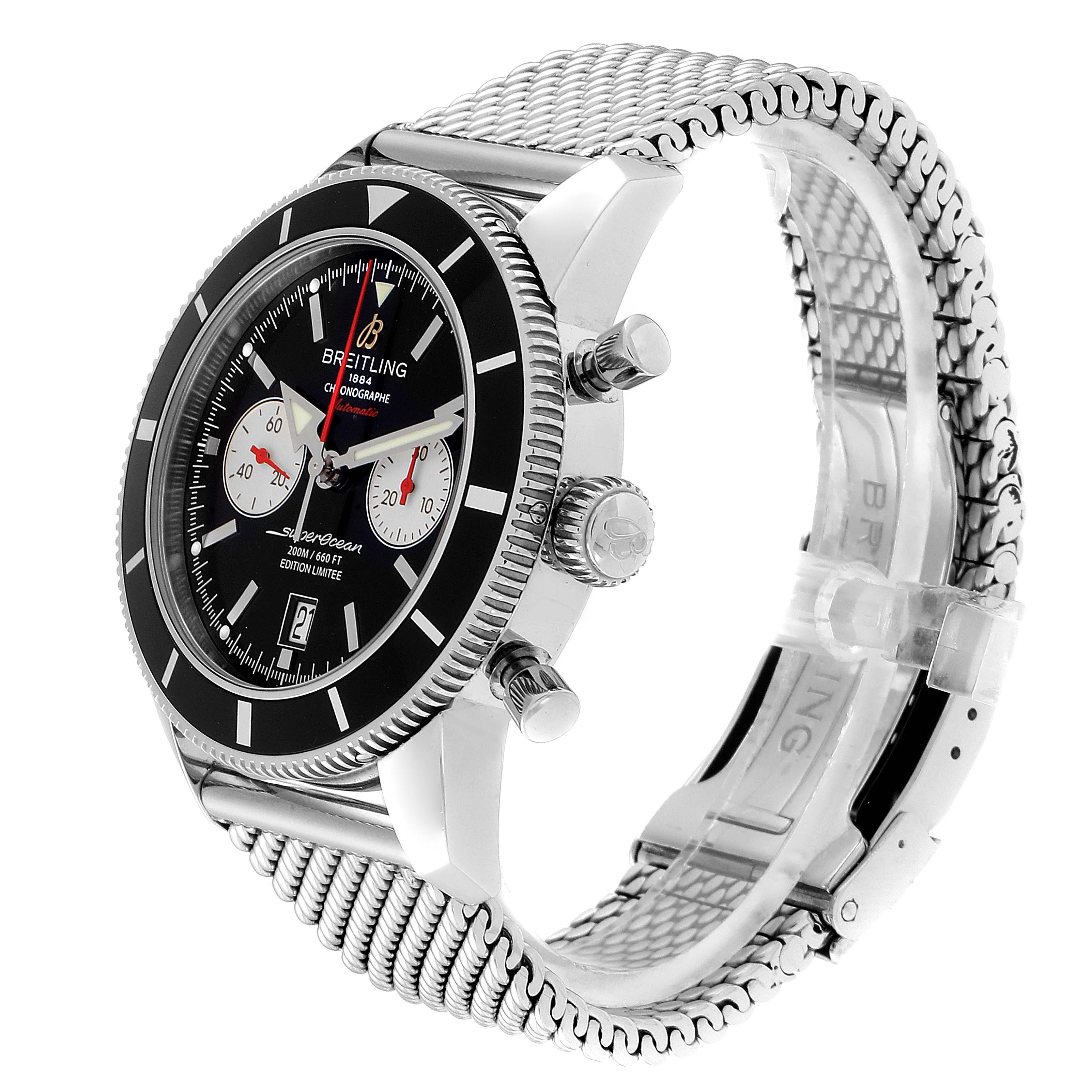 This image shows a Breitling Superocean A23320 Men's Stainless Steel Black Dial A23320 Men's Stainless Steel Black Dial watch at a three-quarter angle, highlighting its face, bezel, side buttons, and mesh bracelet.