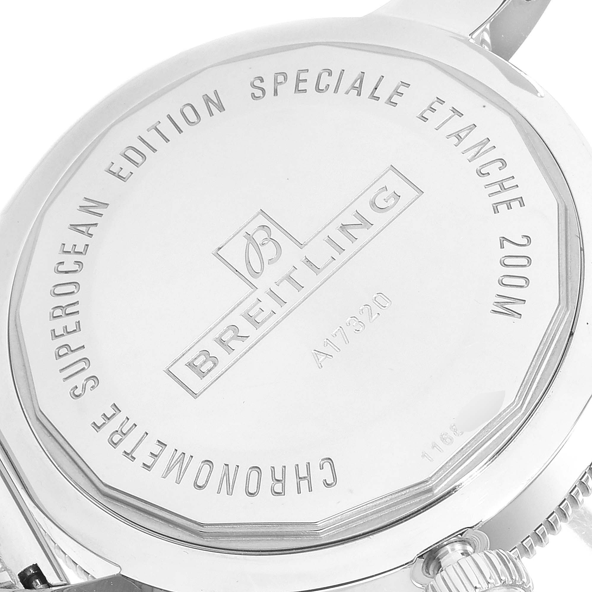 The image shows the back case of the Breitling Superocean A17320 Men
s Stainless Steel Blue Dial A17320 Men
s Stainless Steel Blue Dial watch, highlighting its engravings and 200m water resistance.