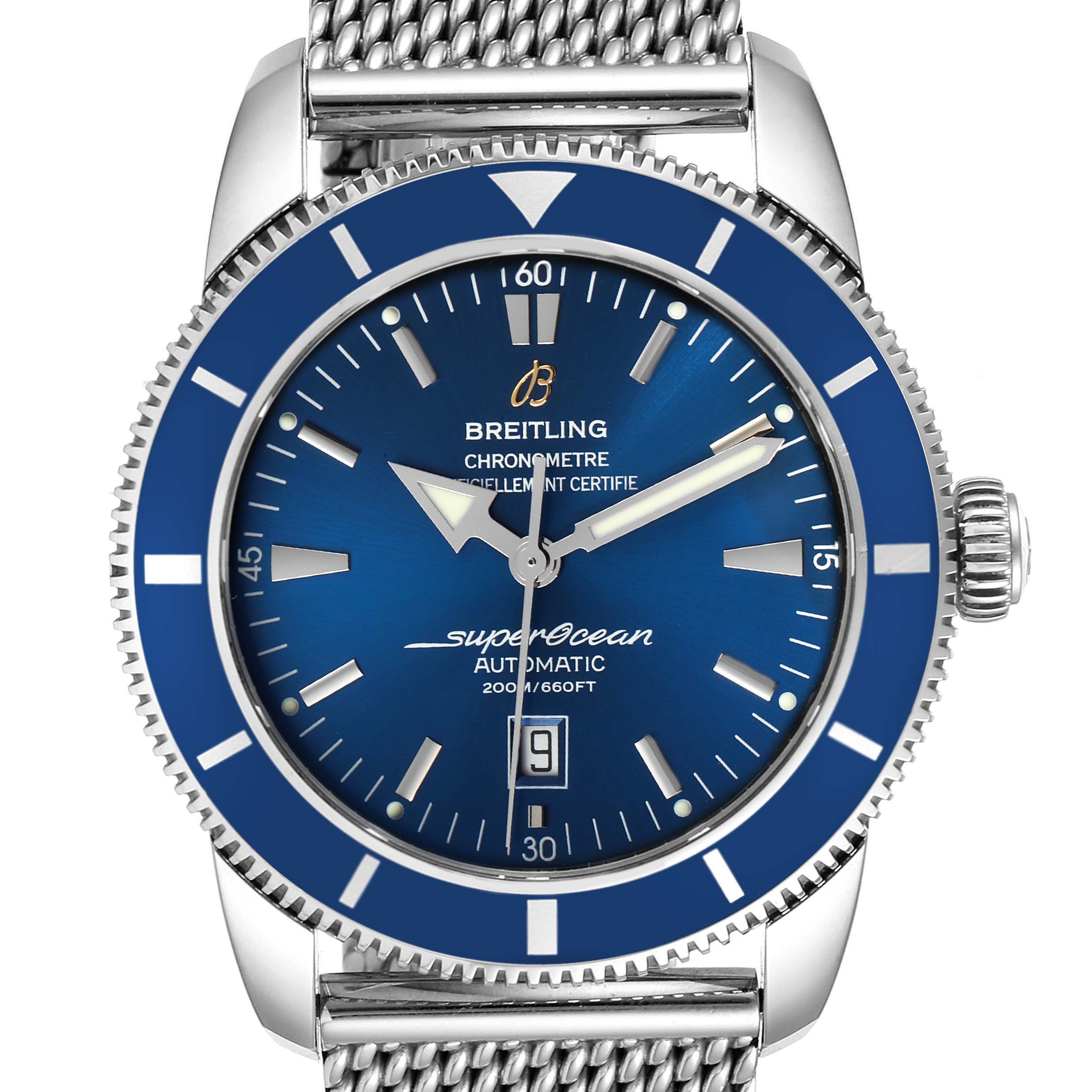 The image shows a front view of a Breitling Superocean A17320 Men
s Stainless Steel Blue Dial A17320 Men
s Stainless Steel Blue Dial watch, featuring a blue dial, date display, and a stainless steel mesh bracelet.