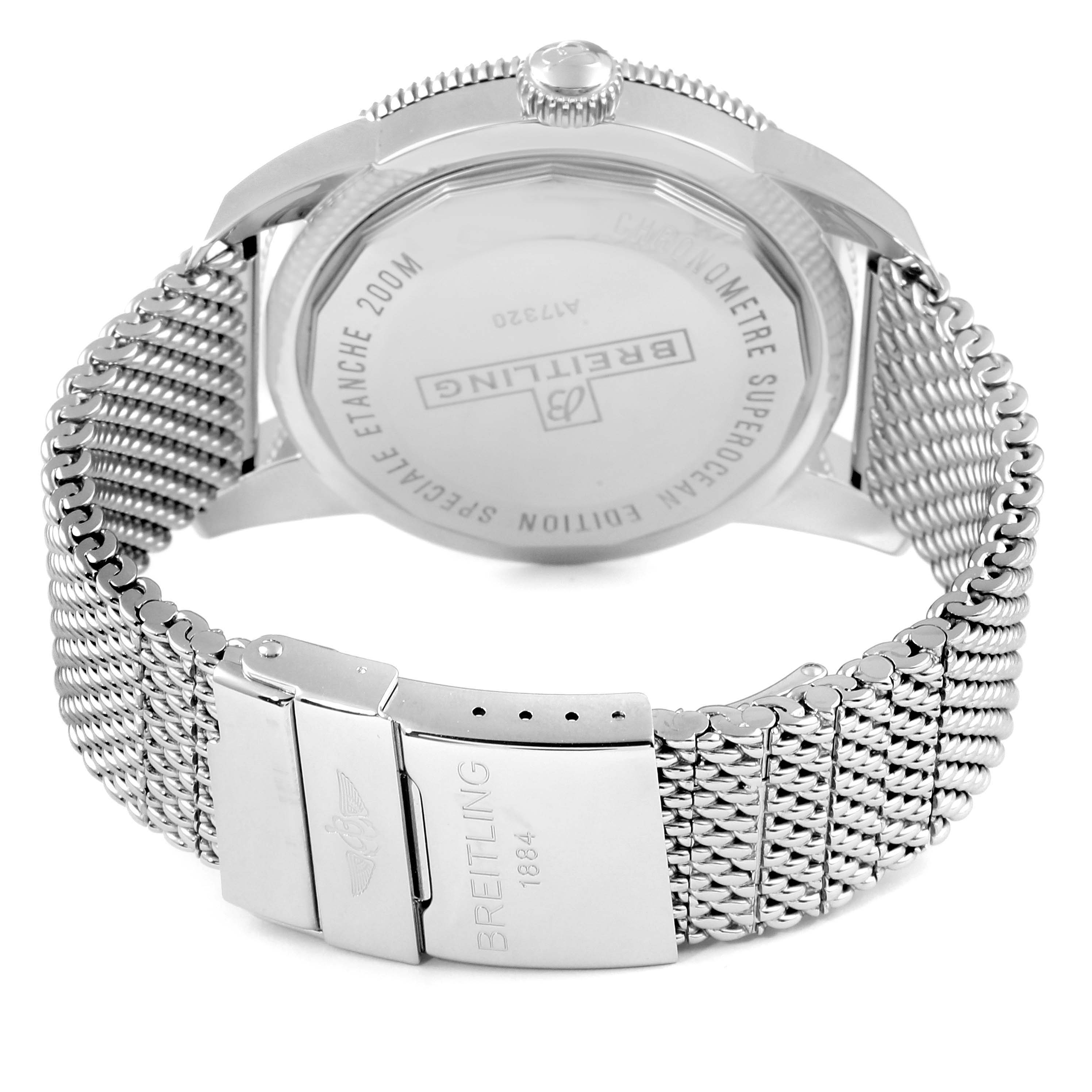 The image shows the back and clasp of a Breitling Superocean A17320 Men
s Stainless Steel Blue Dial A17320 Men
s Stainless Steel Blue Dial watch, highlighting its stainless steel mesh bracelet.