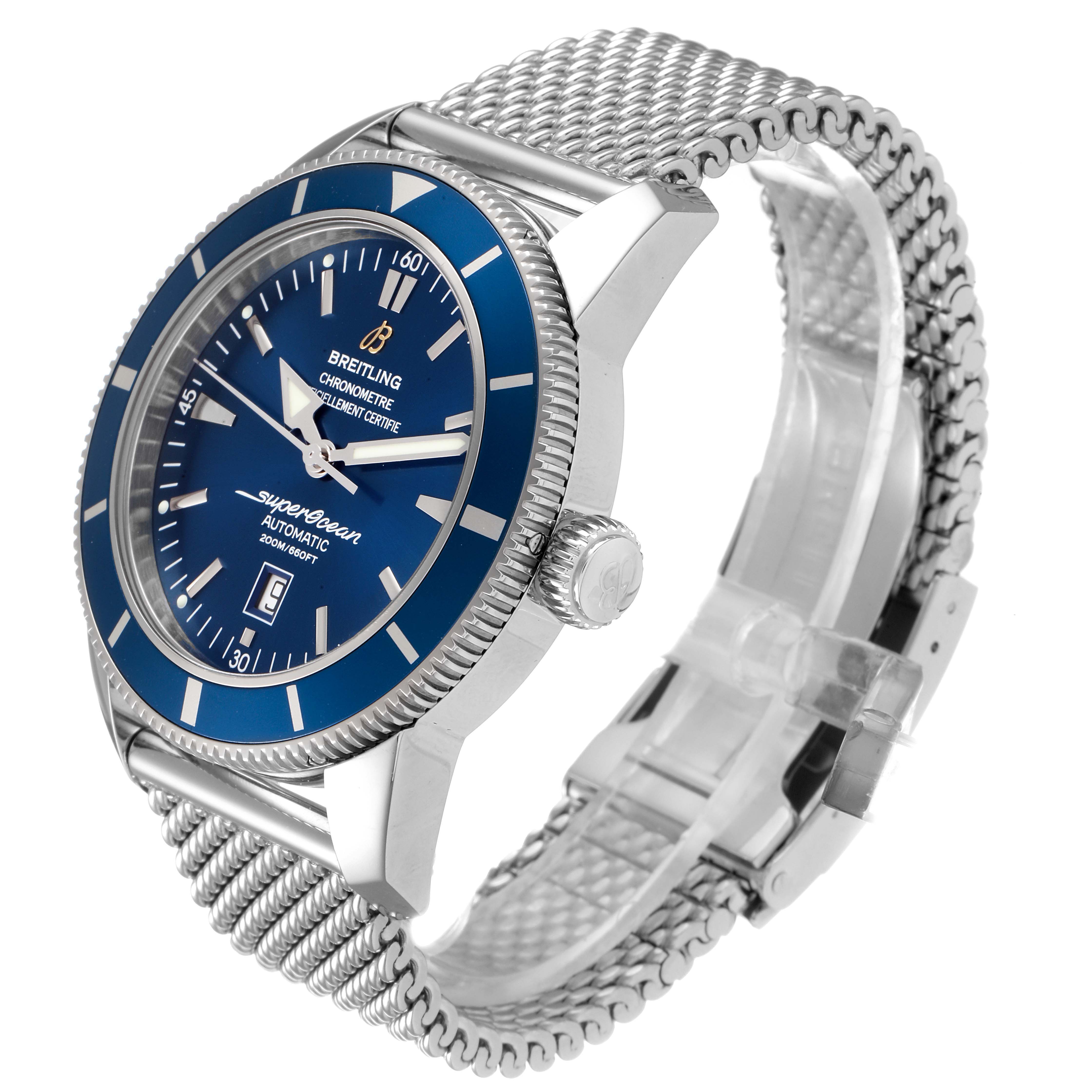 The Breitling Superocean A17320 Men
s Stainless Steel Blue Dial A17320 Men
s Stainless Steel Blue Dial watch is shown at an oblique angle, highlighting its face, crown, and mesh bracelet.