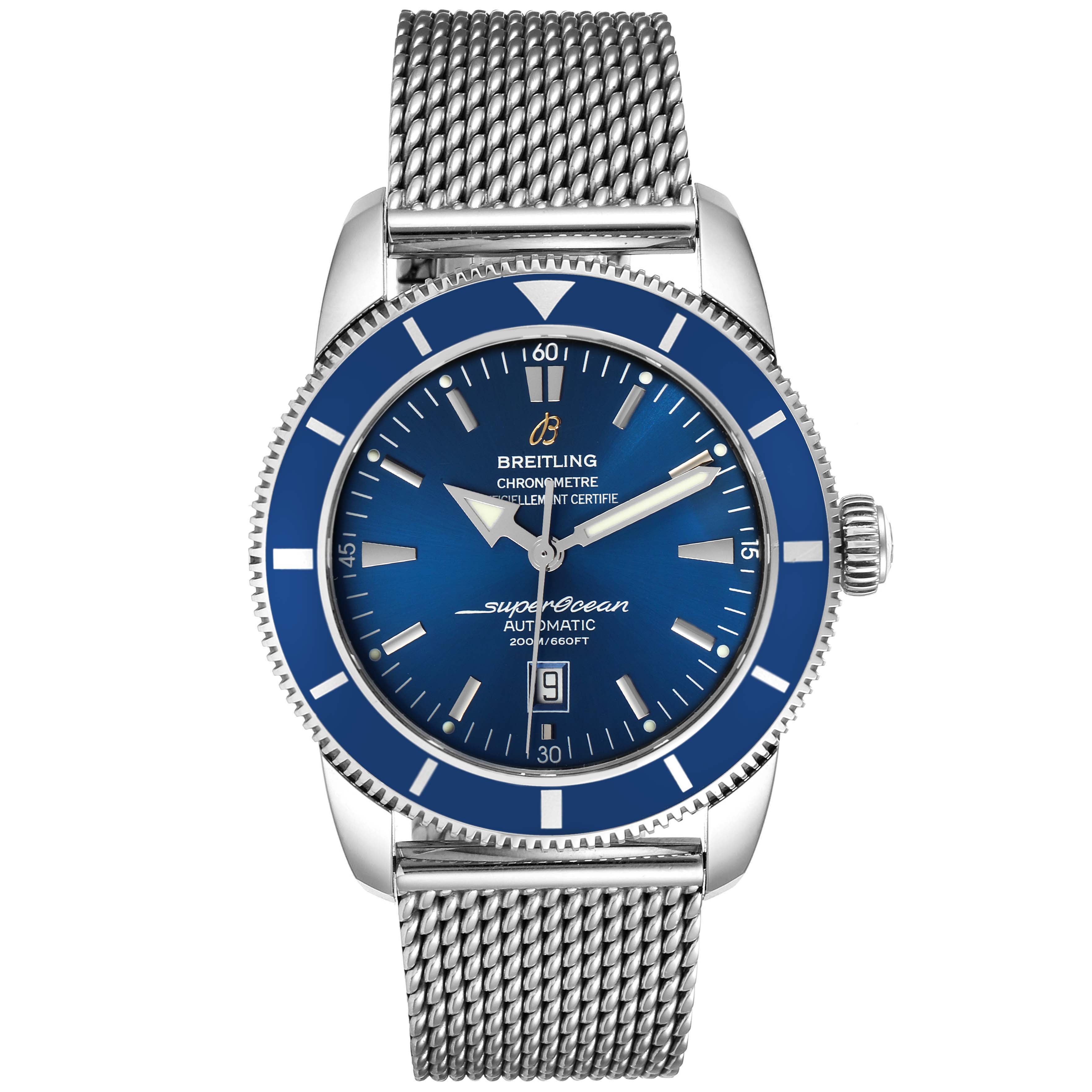 This image shows a Breitling Superocean A17320 Men
s Stainless Steel Blue Dial A17320 Men
s Stainless Steel Blue Dial watch from a front angle, displaying the dial, bezel, and mesh strap.