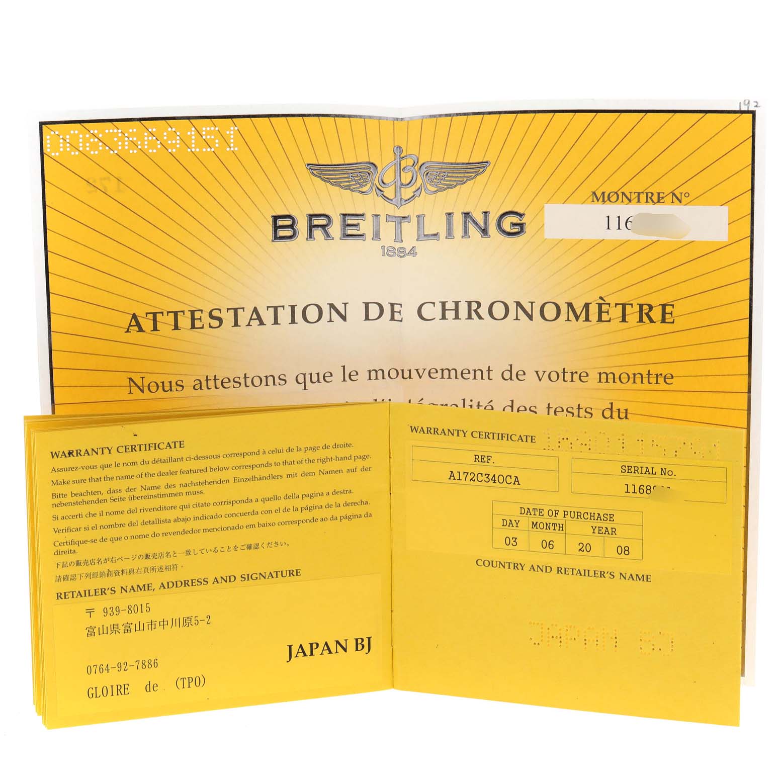 The image shows the warranty certificate and chronometer attestation booklet for the Breitling Superocean A17320 Men
s Stainless Steel Blue Dial A17320 Men
s Stainless Steel Blue Dial watch.