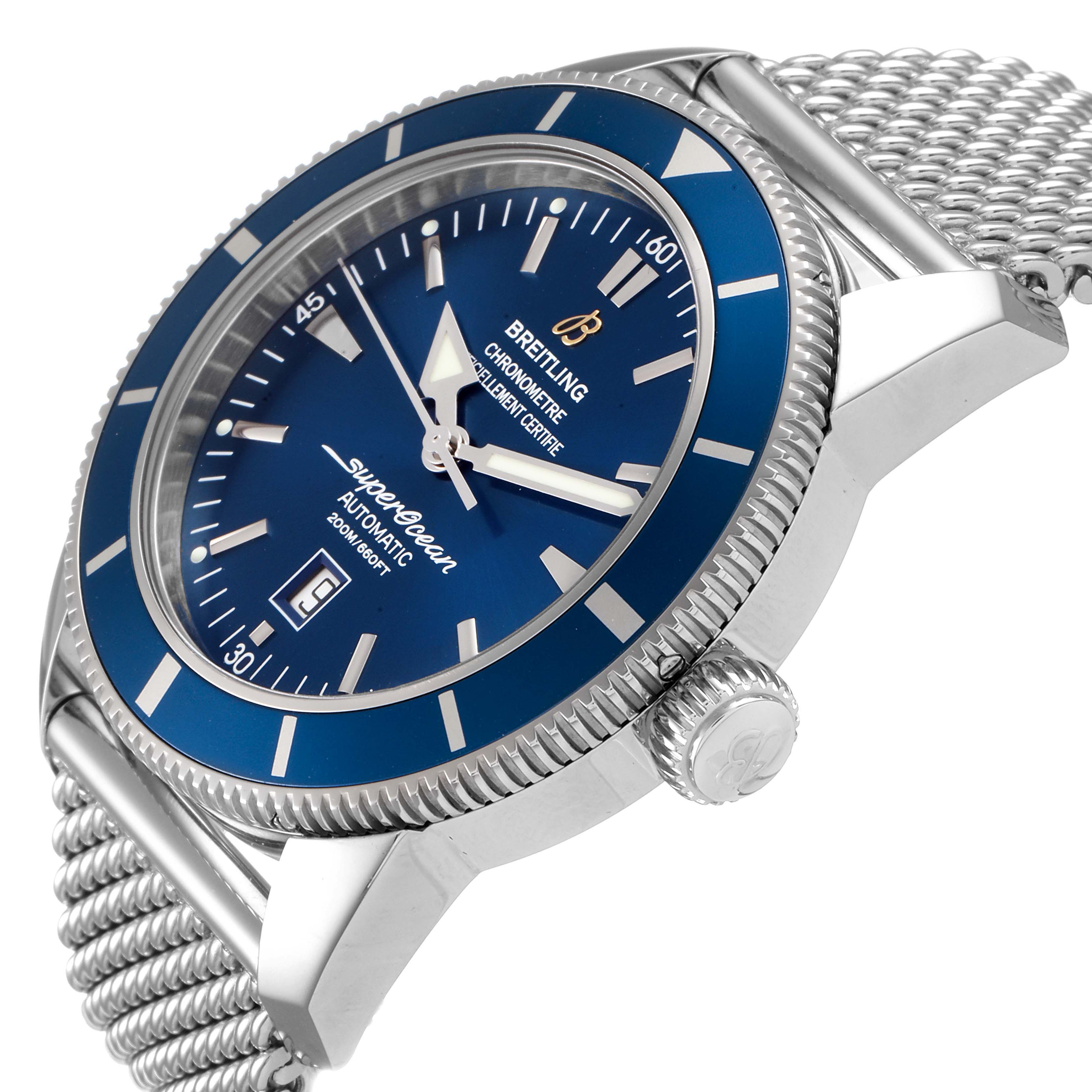 The image shows a Breitling Superocean A17320 Men
s Stainless Steel Blue Dial A17320 Men
s Stainless Steel Blue Dial watch at an angled close-up, highlighting the face, bezel, crown, and a mesh bracelet.