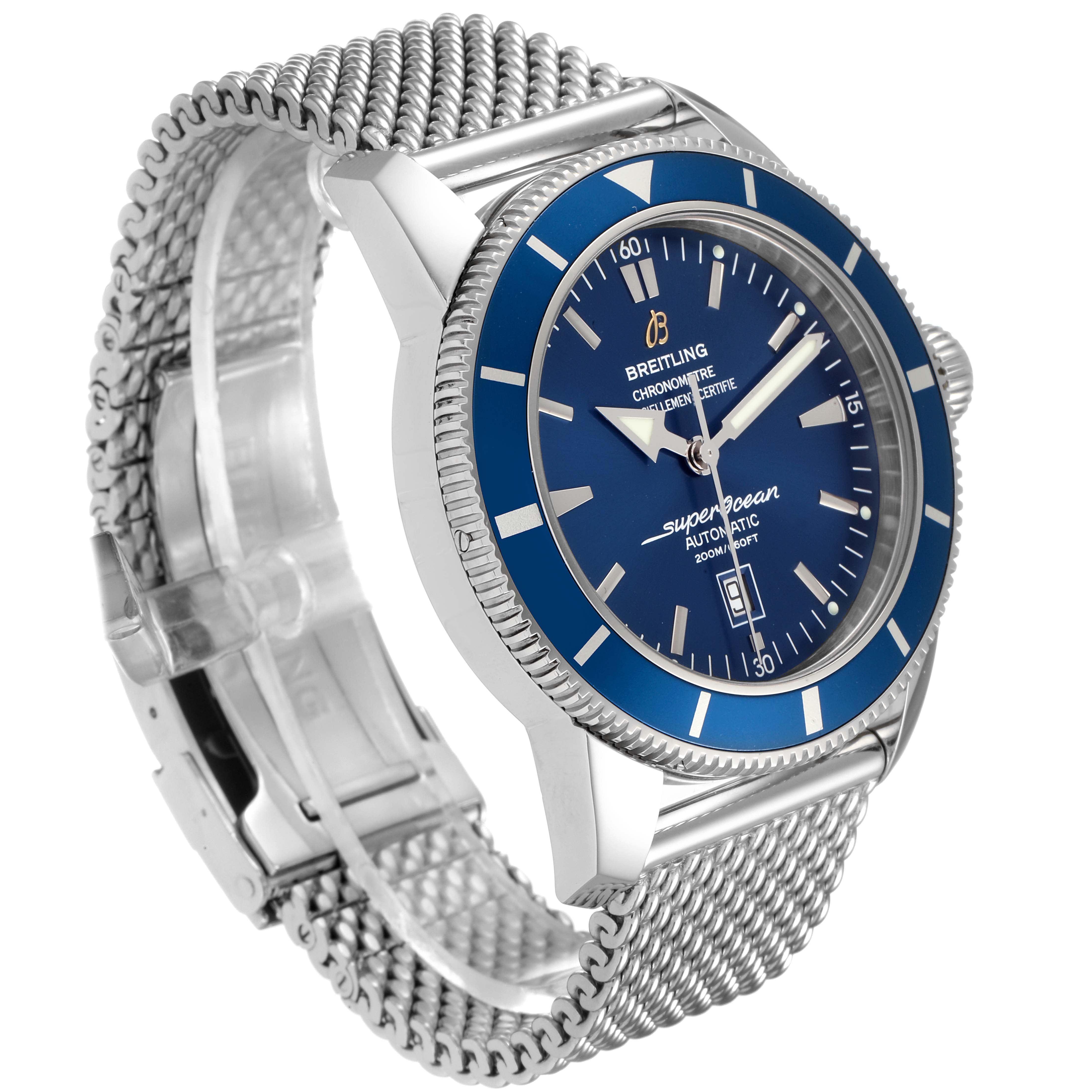 The image shows a Breitling Superocean A17320 Men
s Stainless Steel Blue Dial A17320 Men
s Stainless Steel Blue Dial watch angled to display its blue dial, bezel, case, and metal mesh bracelet.