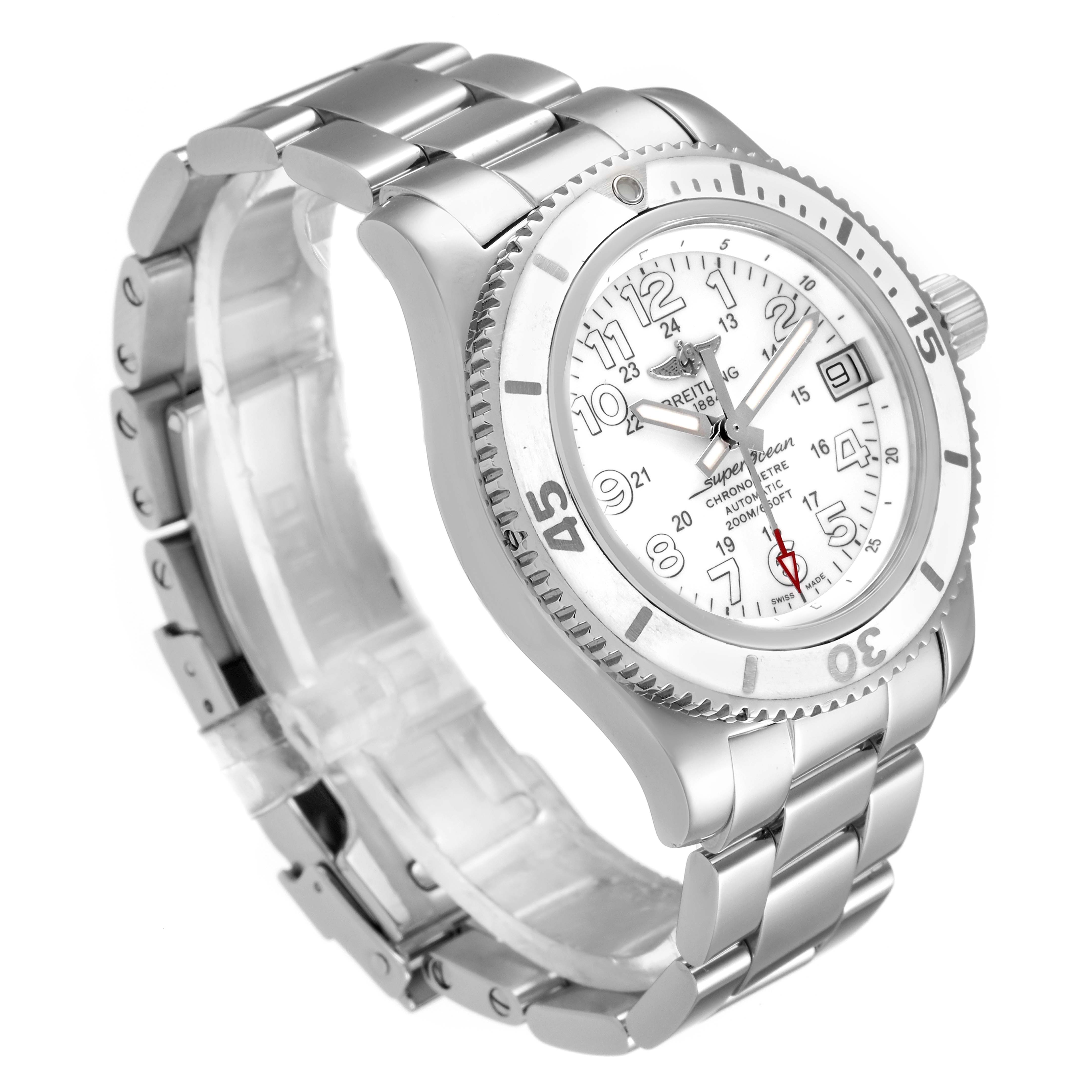 The Breitling A17312 Women's Stainless Steel White Dial A17312 Women's Stainless Steel White Dial Superocean II Hurricane 36 Ladies Watch A17312 model is shown at a three-quarter angle highlighting its face, bracelet, and bezel.