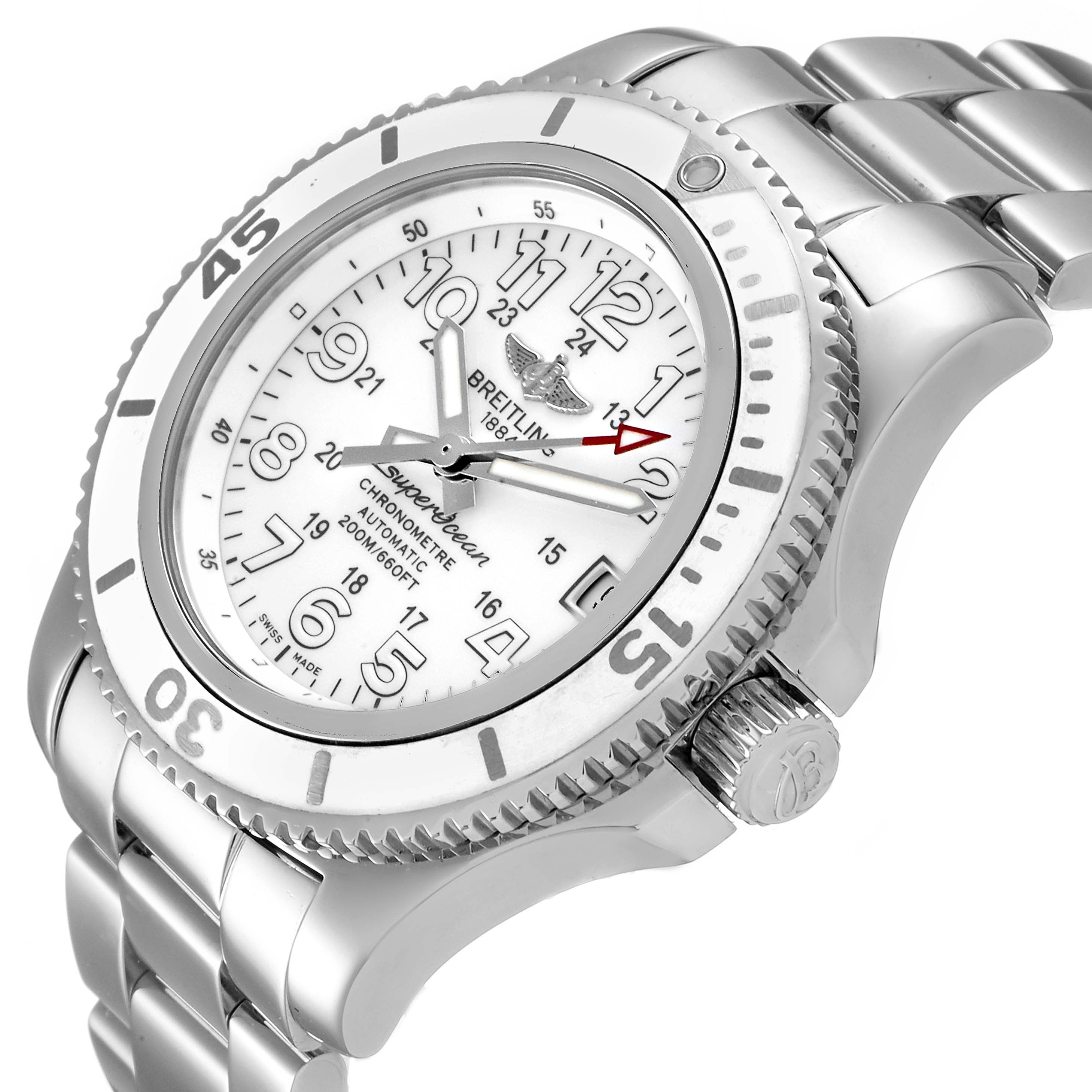 The Breitling A17312 Women's Stainless Steel White Dial A17312 Women's Stainless Steel White Dial Superocean II Hurricane 36 Ladies Watch A17312 is shown from an angle displaying the face, bezel, and part of the bracelet.