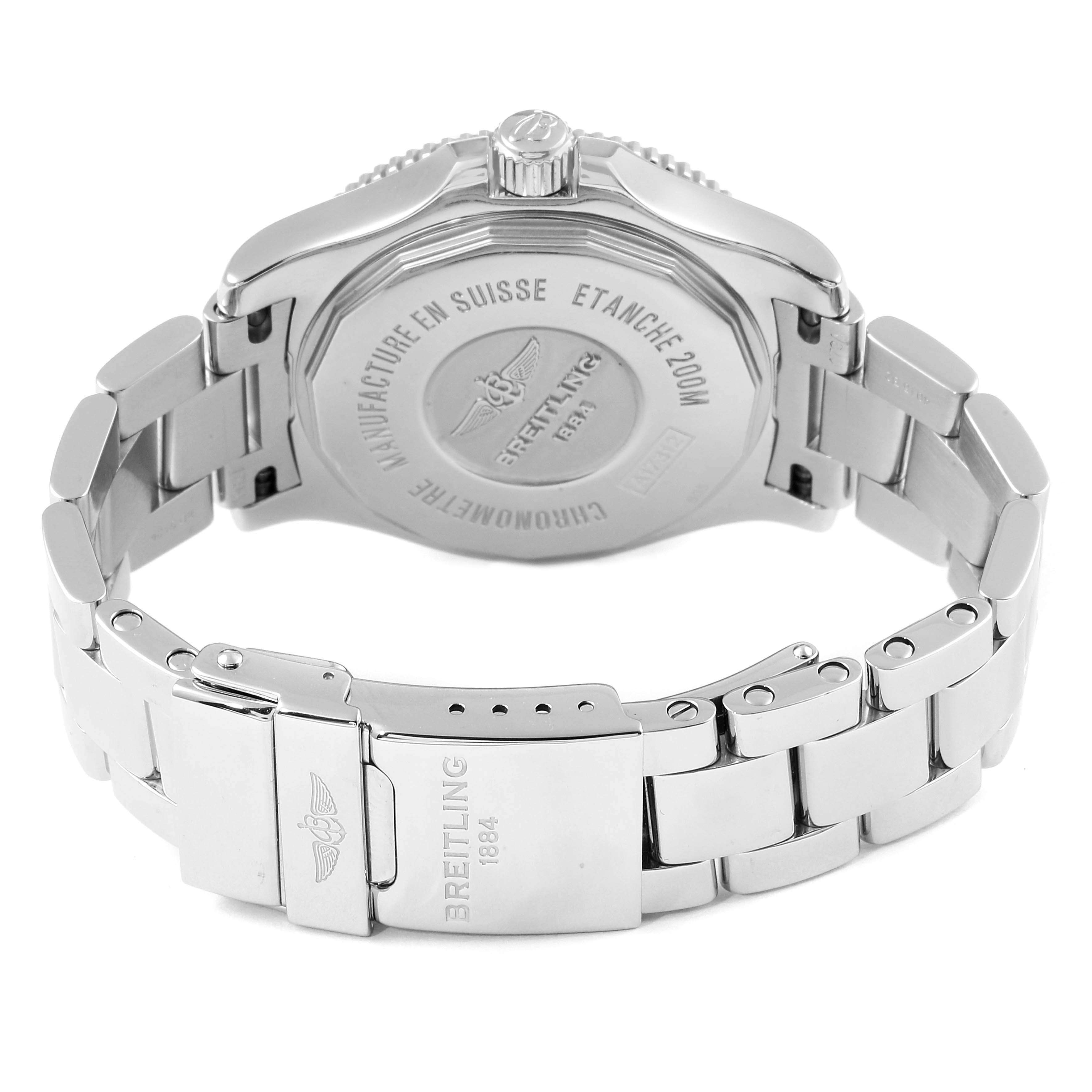 This image shows the back and clasp of the Breitling A17312 Women's Stainless Steel White Dial A17312 Women's Stainless Steel White Dial Superocean II Hurricane 36 Ladies Watch A17312.