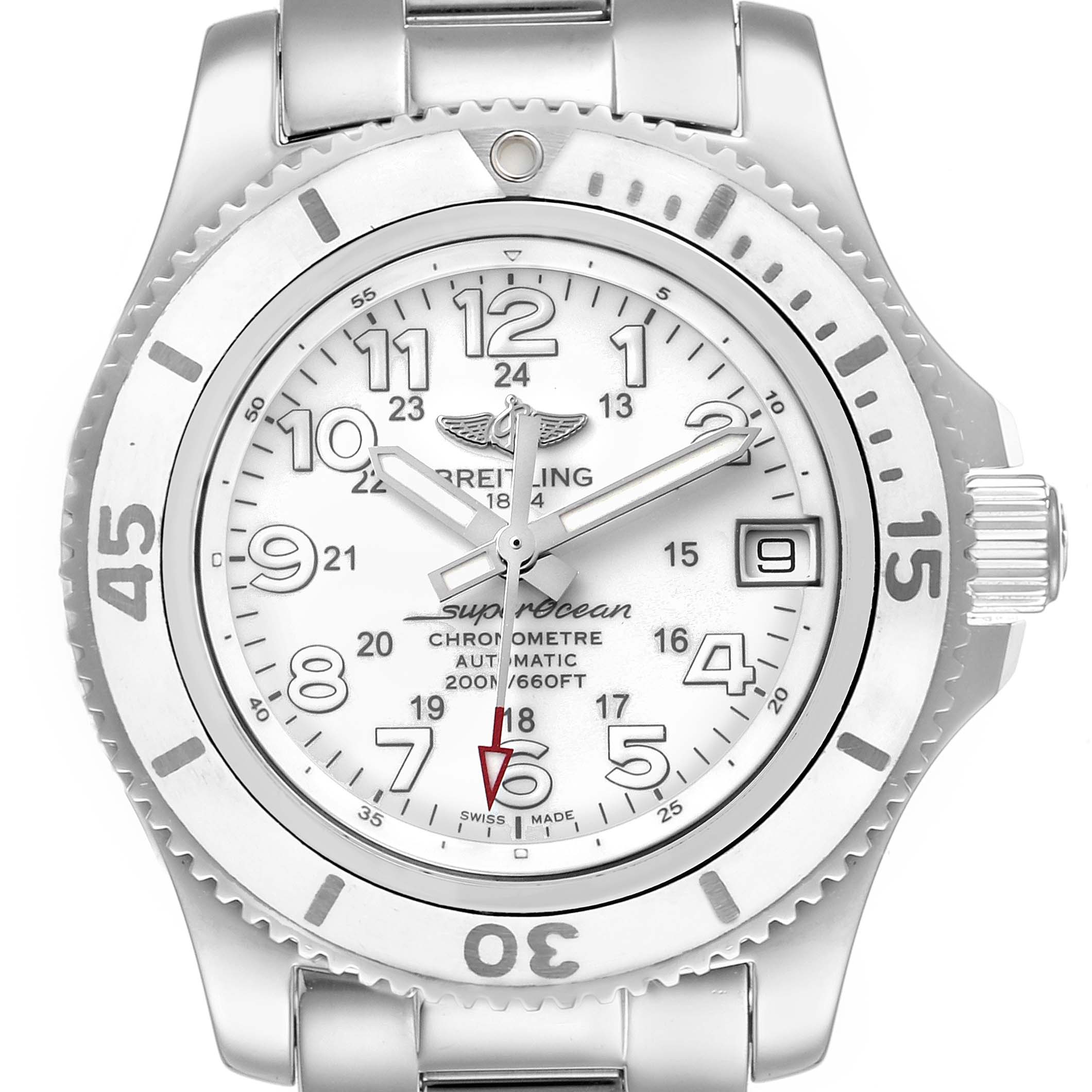 This image shows a front view of the Breitling A17312 Women's Stainless Steel White Dial A17312 Women's Stainless Steel White Dial Superocean II Hurricane 36 Ladies Watch A17312, highlighting the dial and bezel.