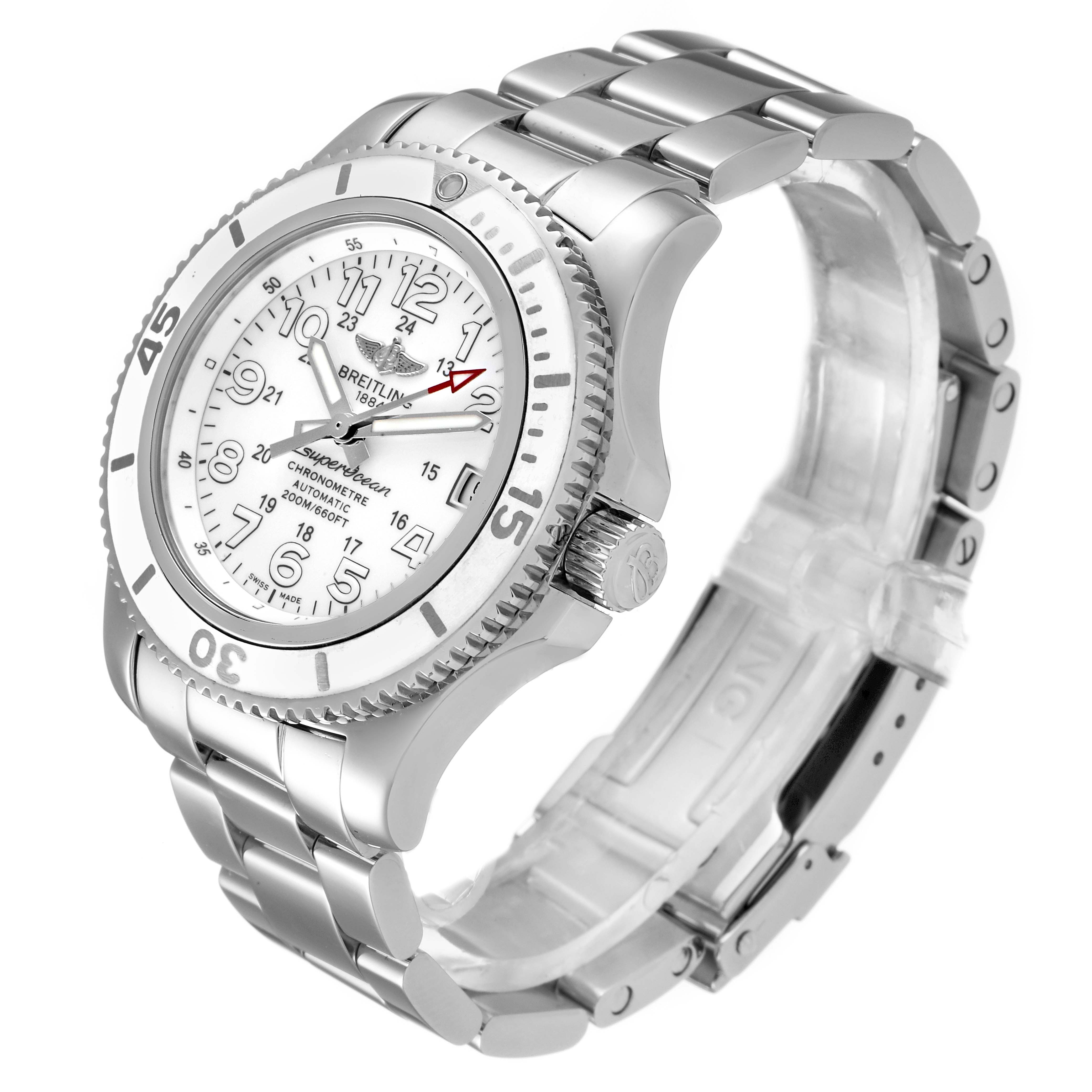 The image shows a Breitling A17312 Women's Stainless Steel White Dial A17312 Women's Stainless Steel White Dial Superocean II Hurricane 36 Ladies Watch A17312 from an angled view, highlighting the face, bezel, and bracelet.