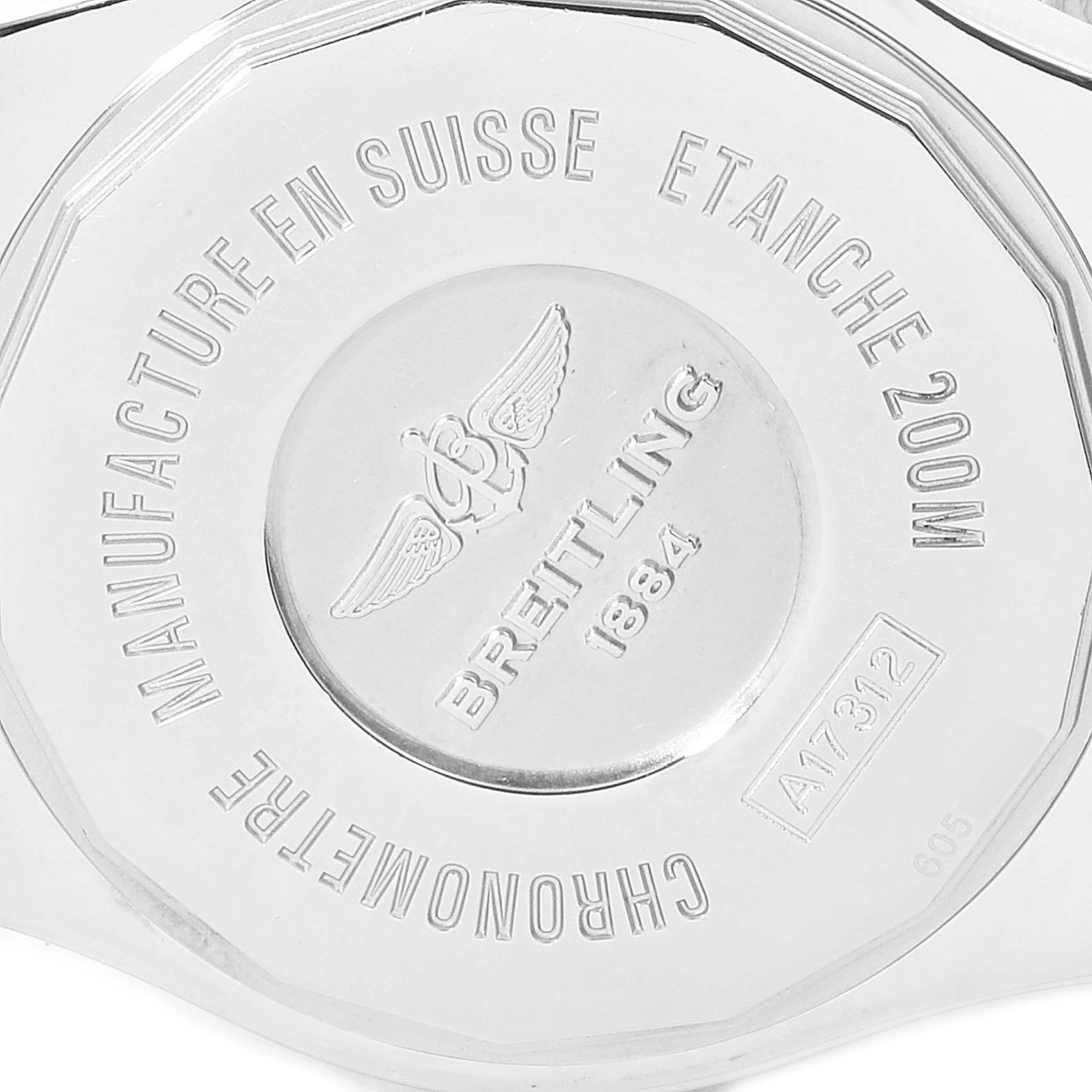 The image shows the back cover of the Breitling A17312 Women's Stainless Steel White Dial A17312 Women's Stainless Steel White Dial Superocean II Hurricane 36 Ladies Watch A17312, highlighting its engravings.