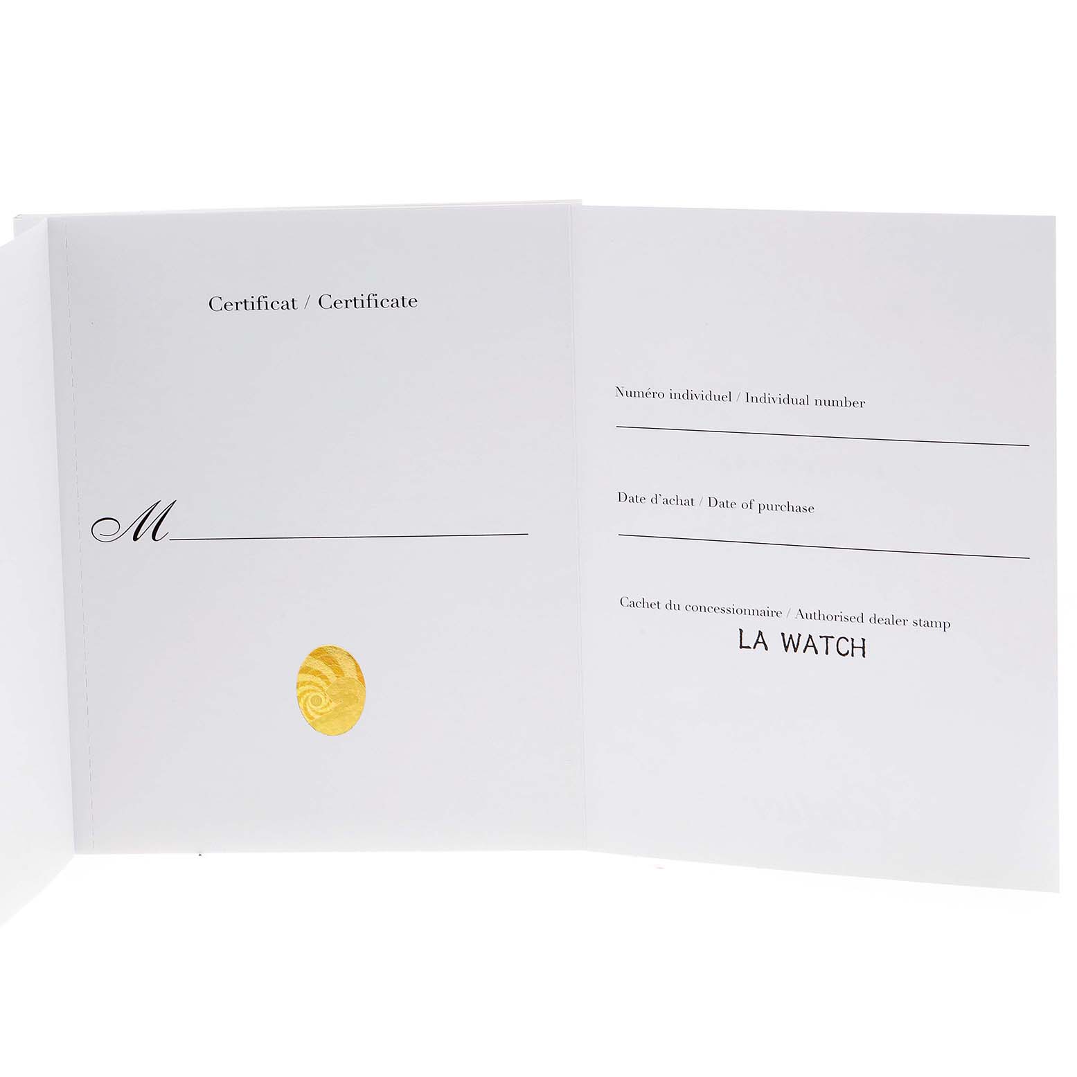 This image shows the open certificate of Best Quality
ity for the Calibre de Cartier model by Cartier.