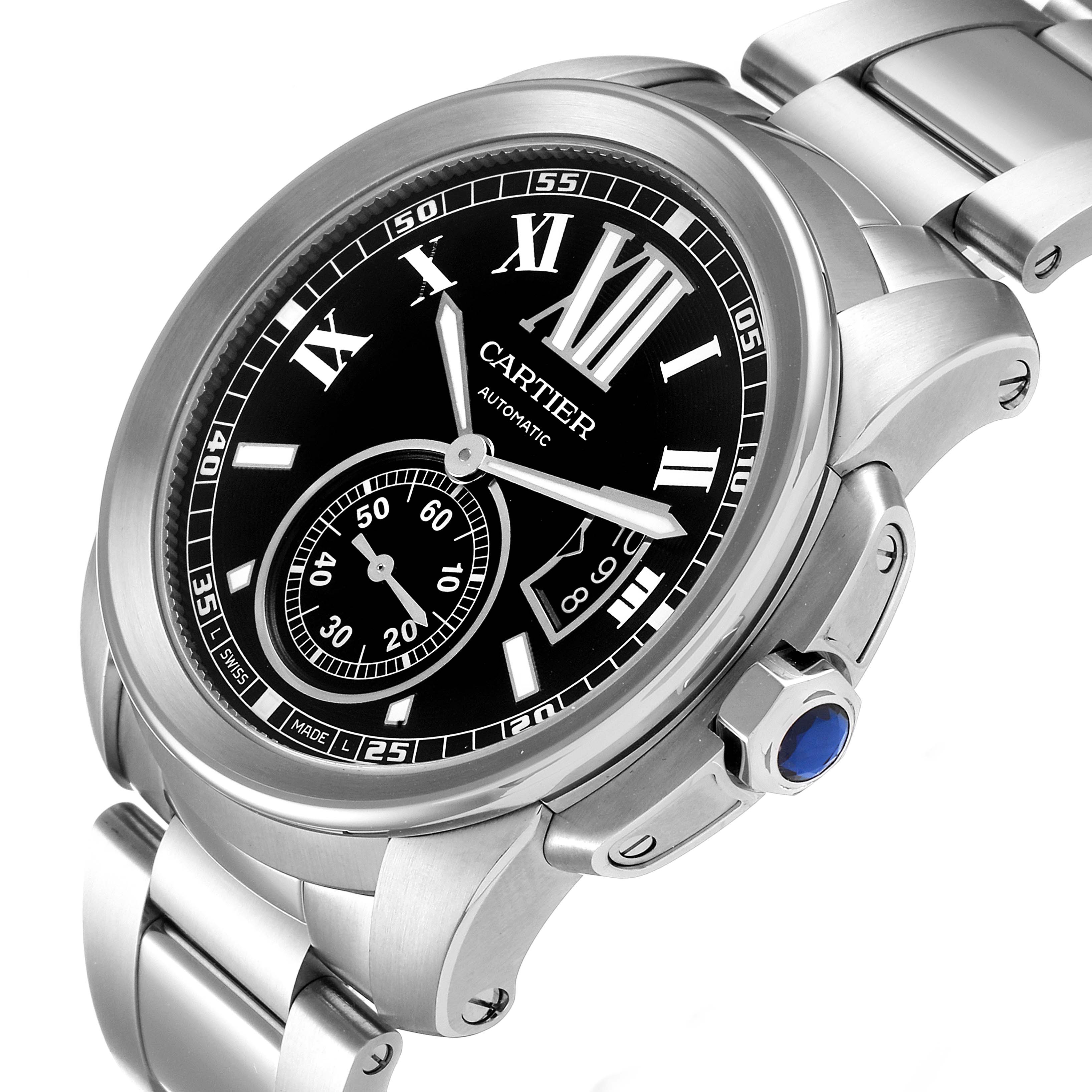 The image shows a close-up side angle of the Calibre de Cartier watch by Cartier, highlighting its face, dial, and part of the bracelet.