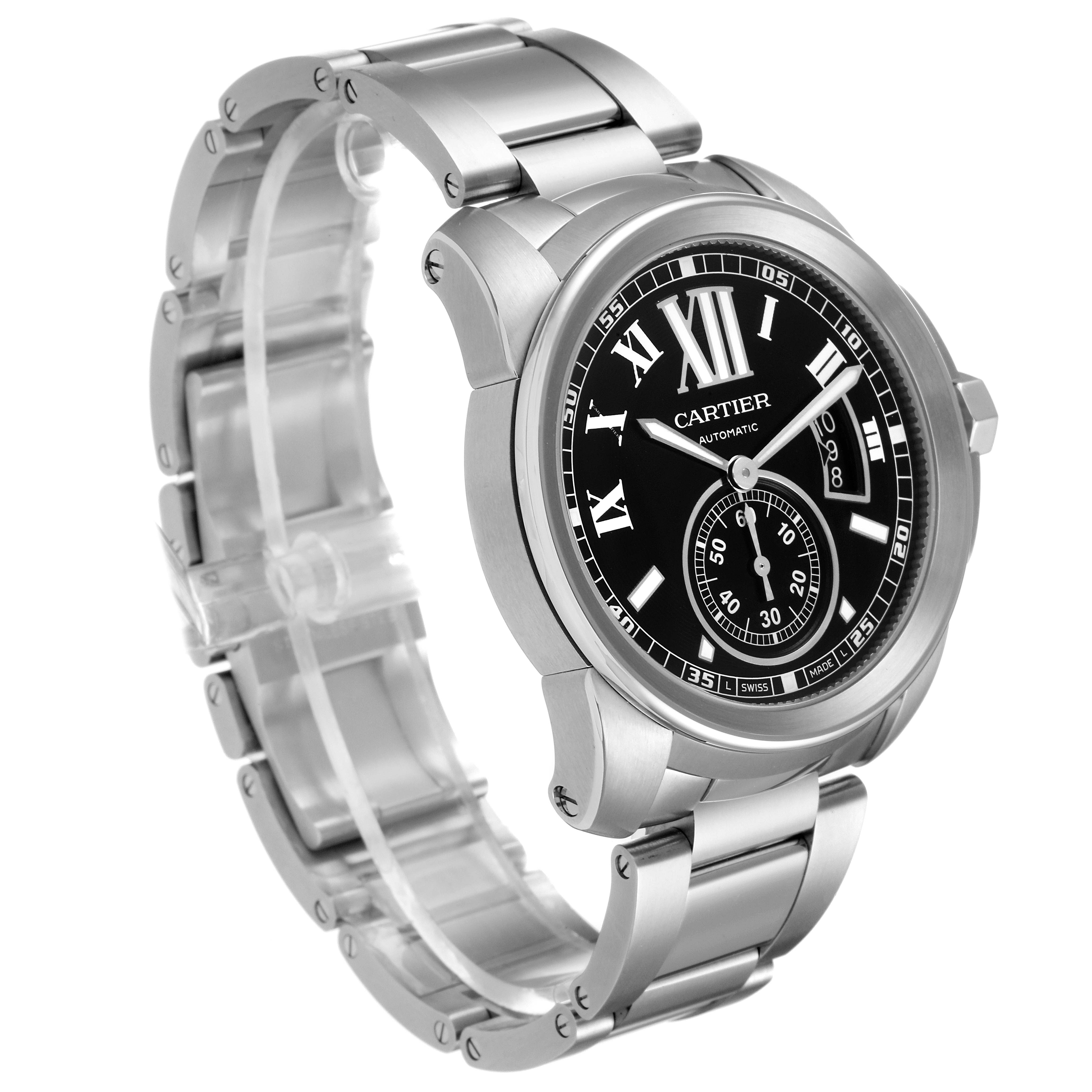 This image shows a side angle of the Calibre de Cartier watch by Cartier, highlighting the face, bracelet, and case.