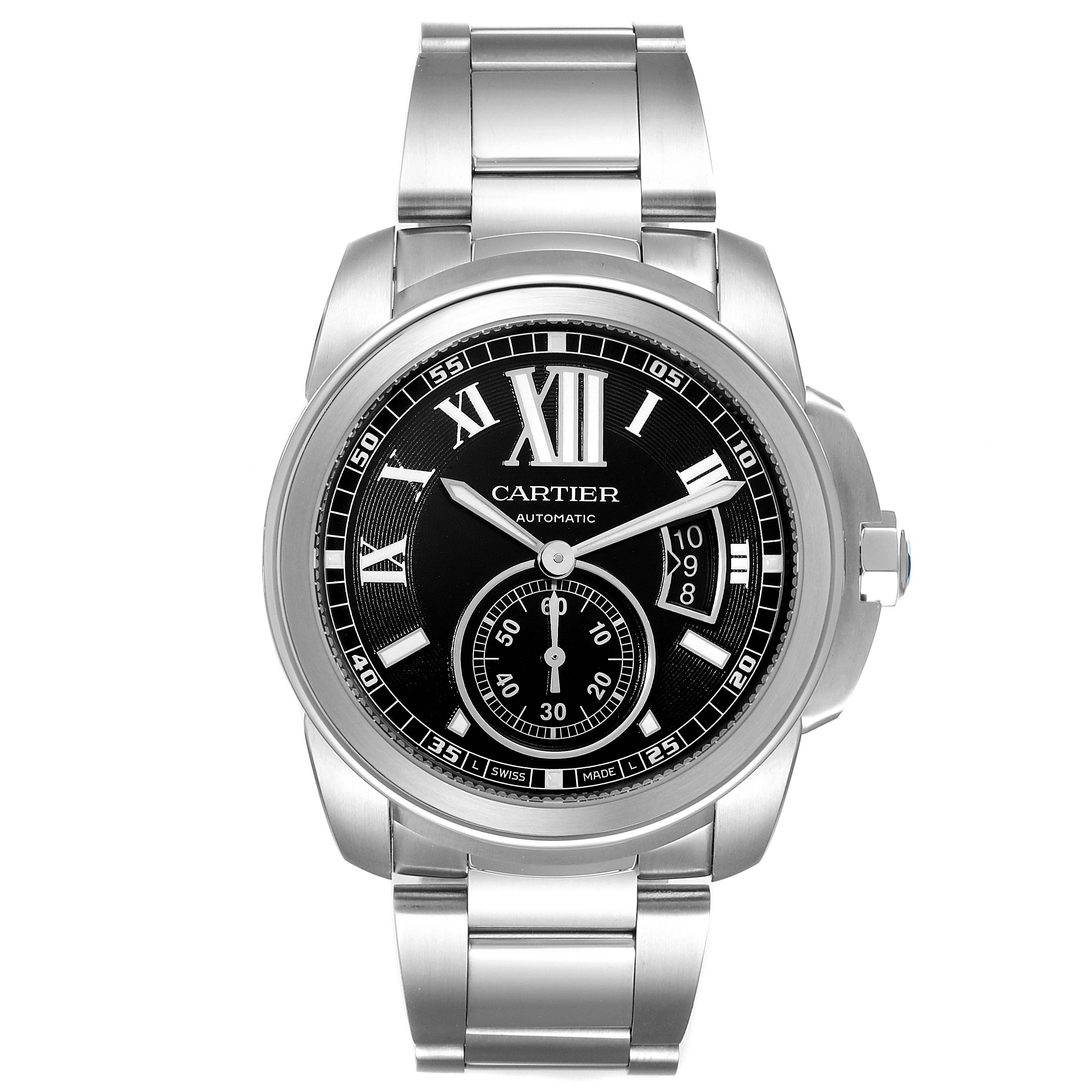 This image shows a frontal view of a Calibre de Cartier model by Cartier, highlighting its watch face and bracelet.