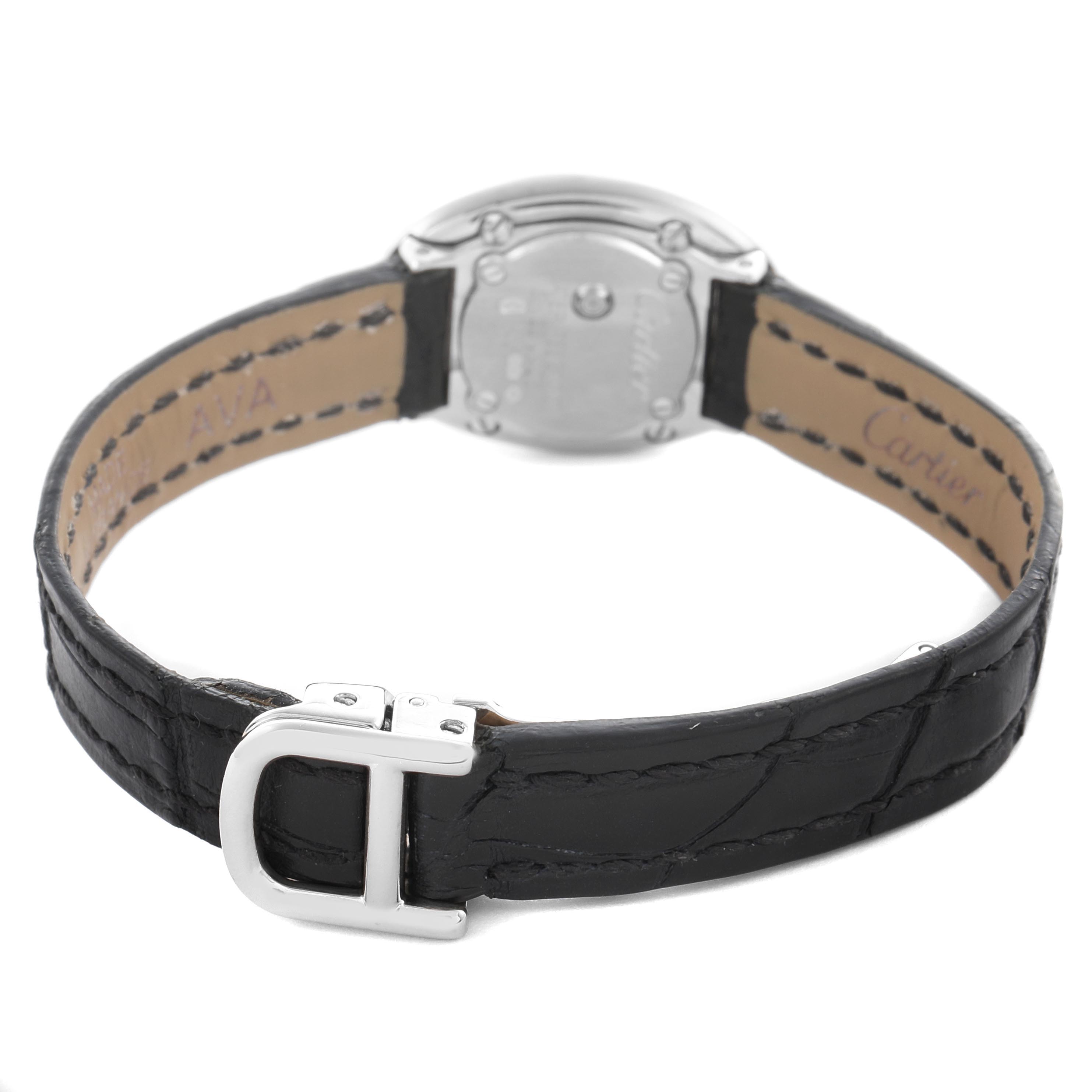 The Cartier Baignoire WB509531 Women
s White Gold White Dial WB509531 Women
s White Gold White Dial watch is shown from the back, highlighting the clasp and leather strap.