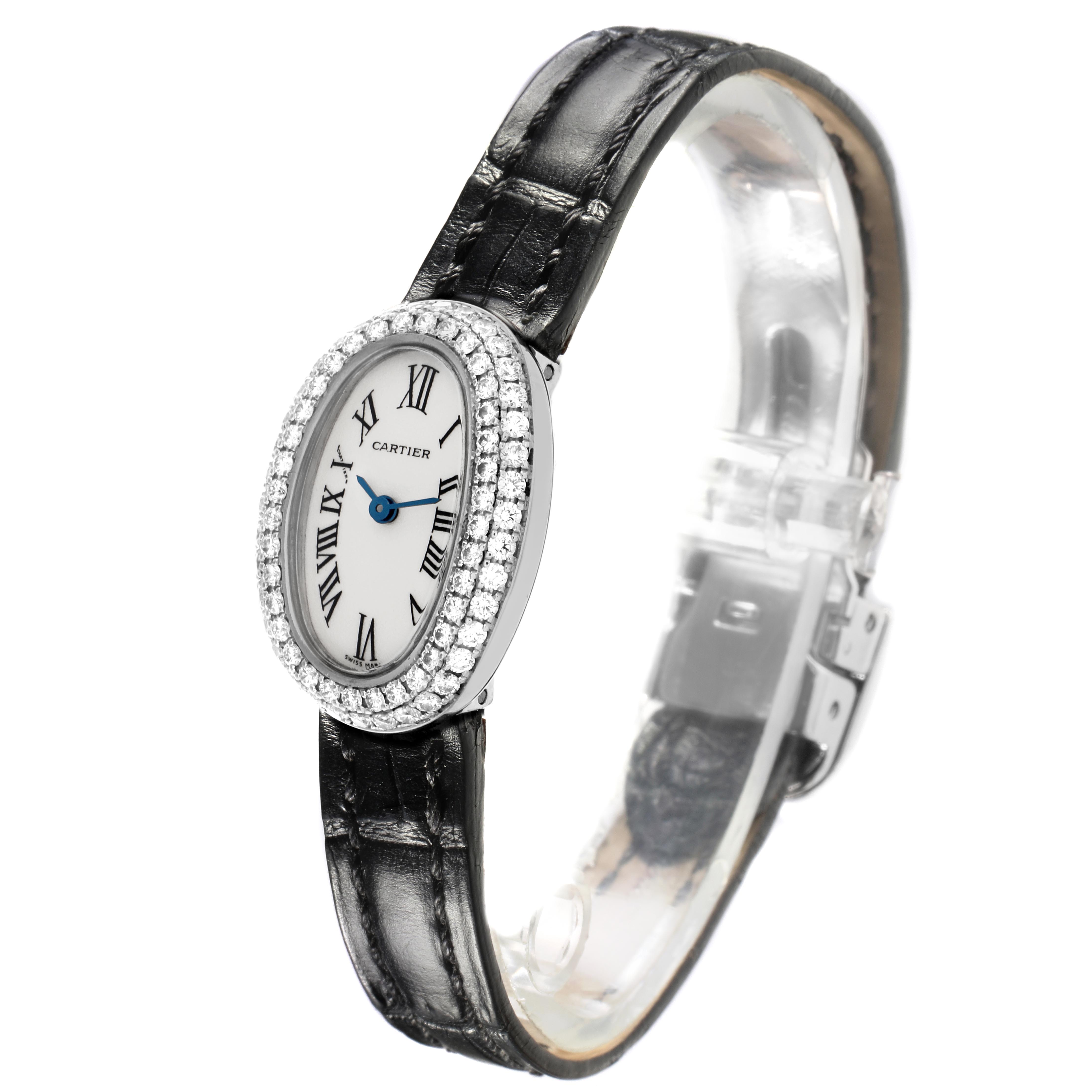 The Cartier Baignoire WB509531 Women
s White Gold White Dial WB509531 Women
s White Gold White Dial watch is shown at a slight angle, highlighting the face, bezel, strap, and clasp.