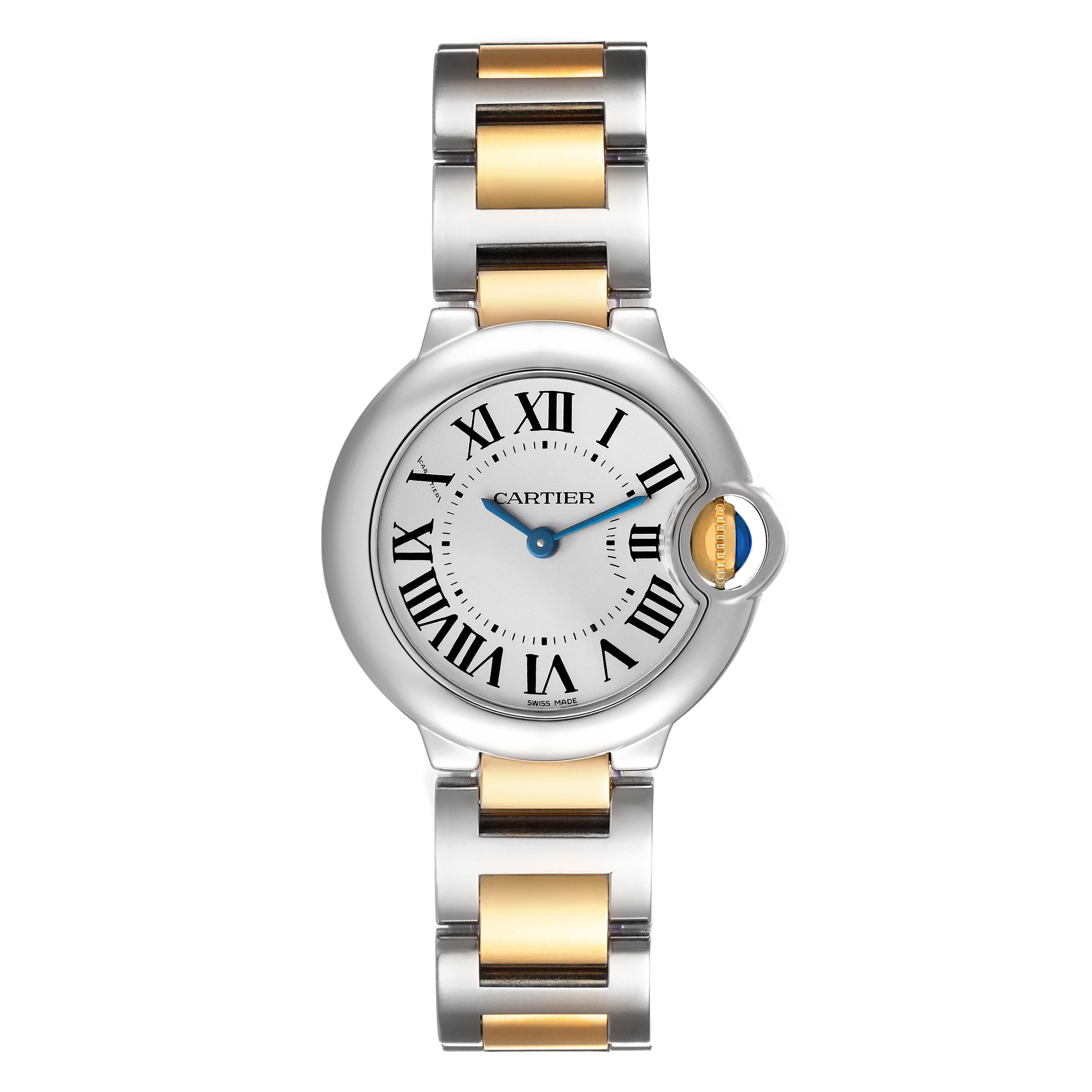 The Cartier Ballon Bleu W69007Z3 Women's Steel and Gold (two tone) Silver Dial watch is shown from a front view, highlighting its round face, Roman numerals, and two-tone bracelet.