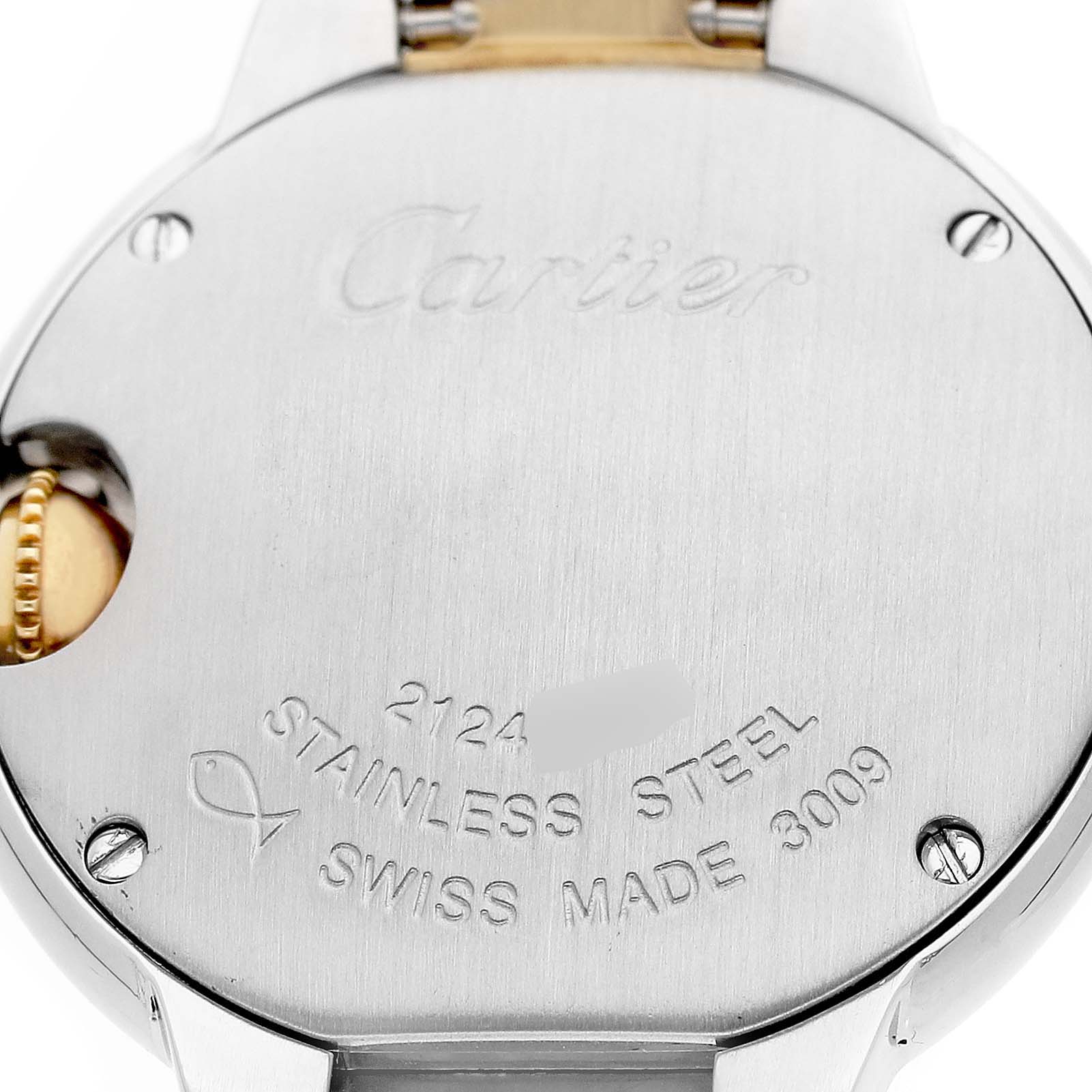 The image shows the back case of the Cartier Ballon Bleu W69007Z3 Women's Steel and Gold (two tone) Silver Dial watch, highlighting the stainless steel material and engraving details.