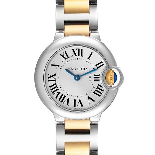 The Cartier Ballon Bleu W69007Z3 Women's Steel and Gold (two tone) Silver Dial watch is shown in a frontal view, highlighting its round face, Roman numerals, and two-tone bracelet.