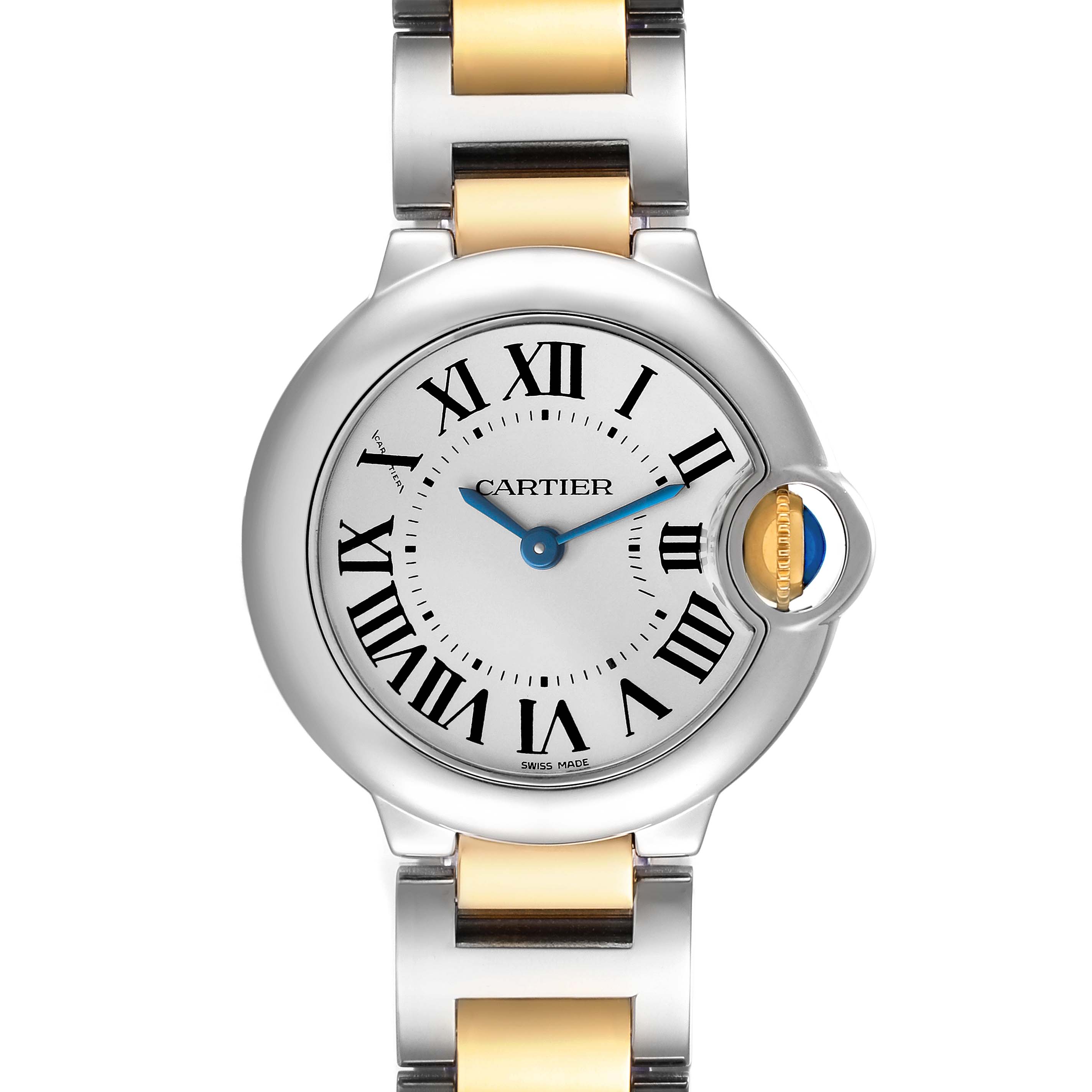 The Cartier Ballon Bleu W69007Z3 Women's Steel and Gold (two tone) Silver Dial watch is shown from a front angle, highlighting the round face, blue hands, Roman numerals, and mixed metal bracelet.