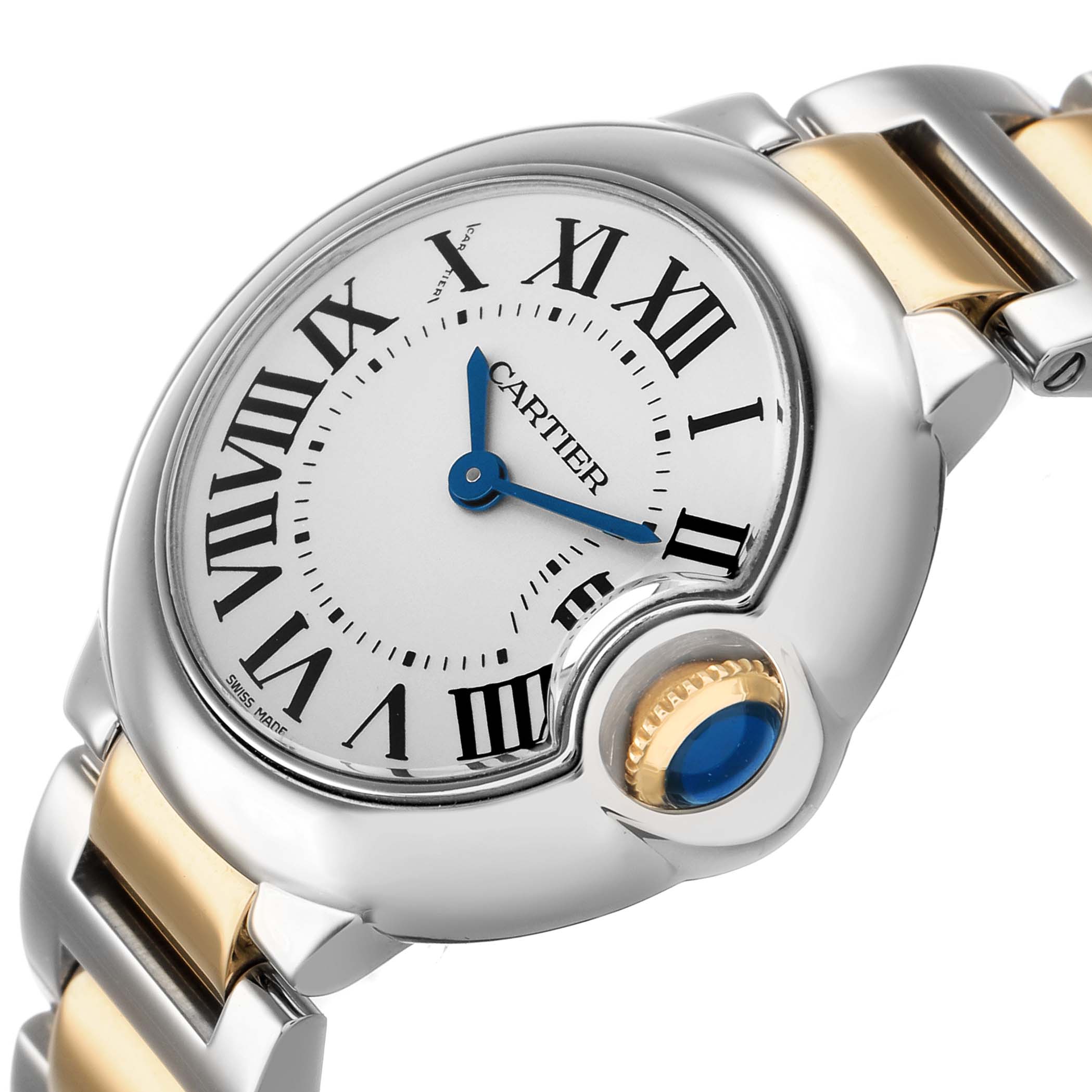 The Cartier Ballon Bleu W69007Z3 Women's Steel and Gold (two tone) Silver Dial watch is shown at an angled close-up, highlighting the dial, Roman numerals, and sapphire cabochon crown.